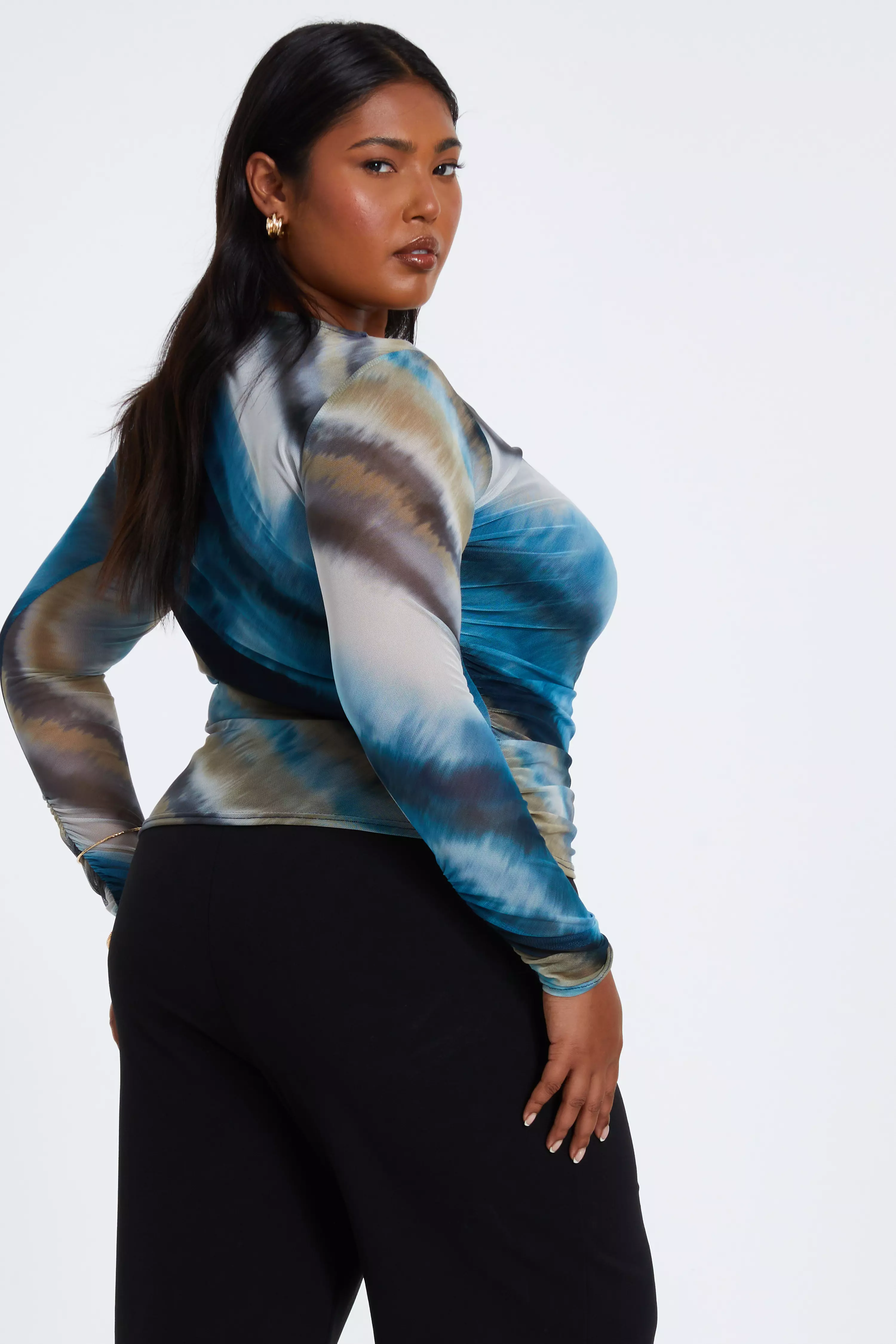 Curve Blue Mesh Ombre Ruched Top