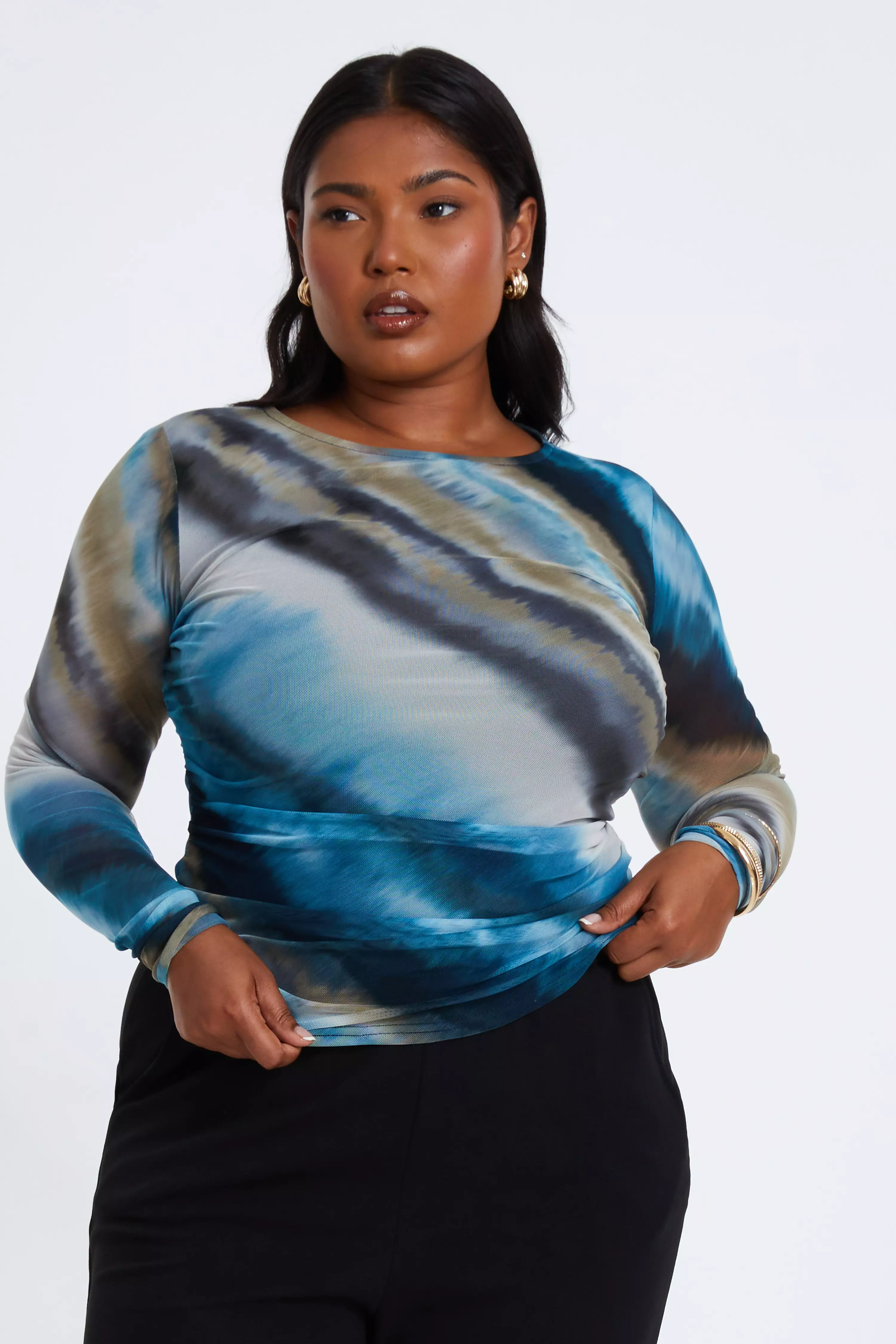 Curve Blue Mesh Ombre Ruched Top