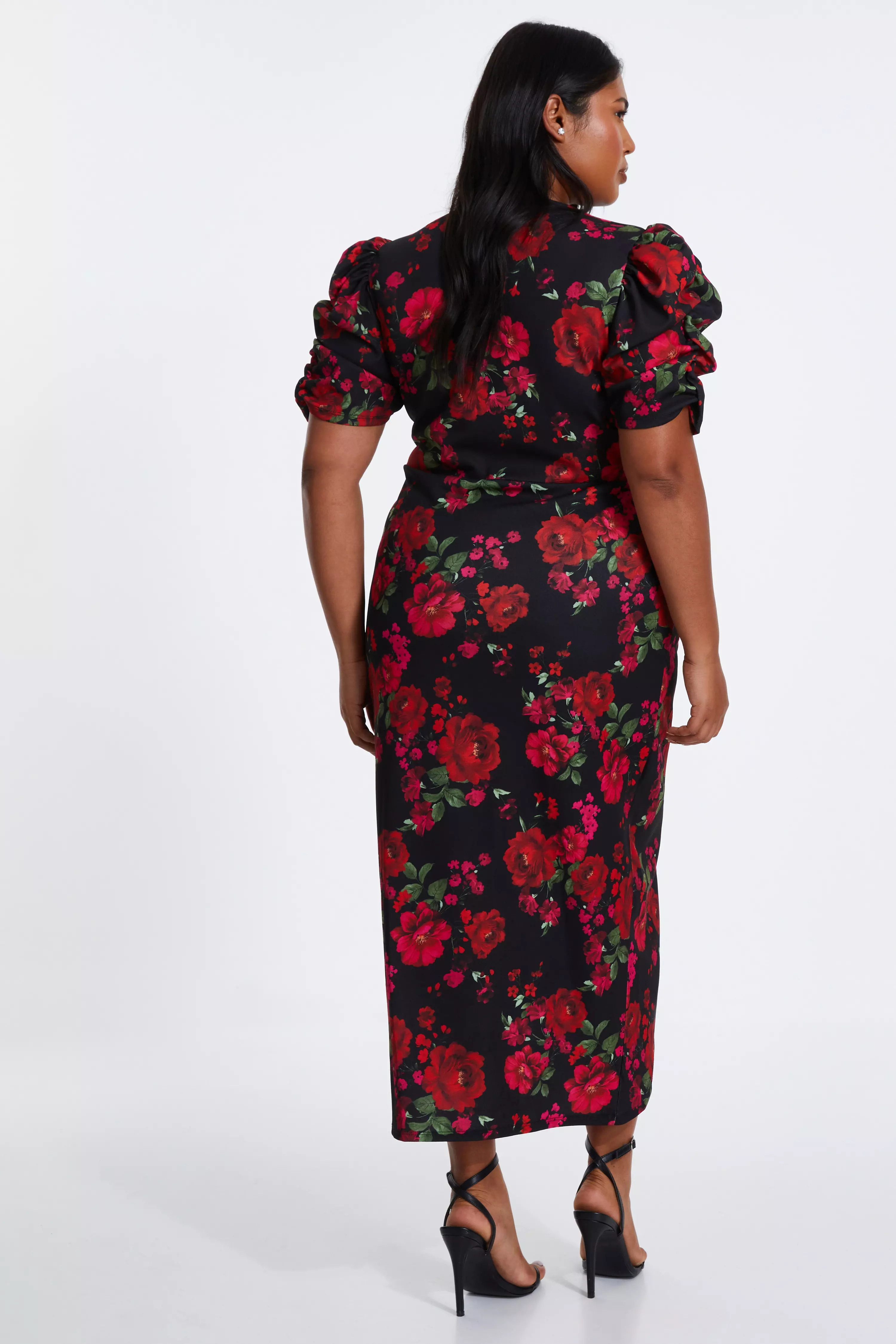 Curve Black Floral Wrap Midi Dress