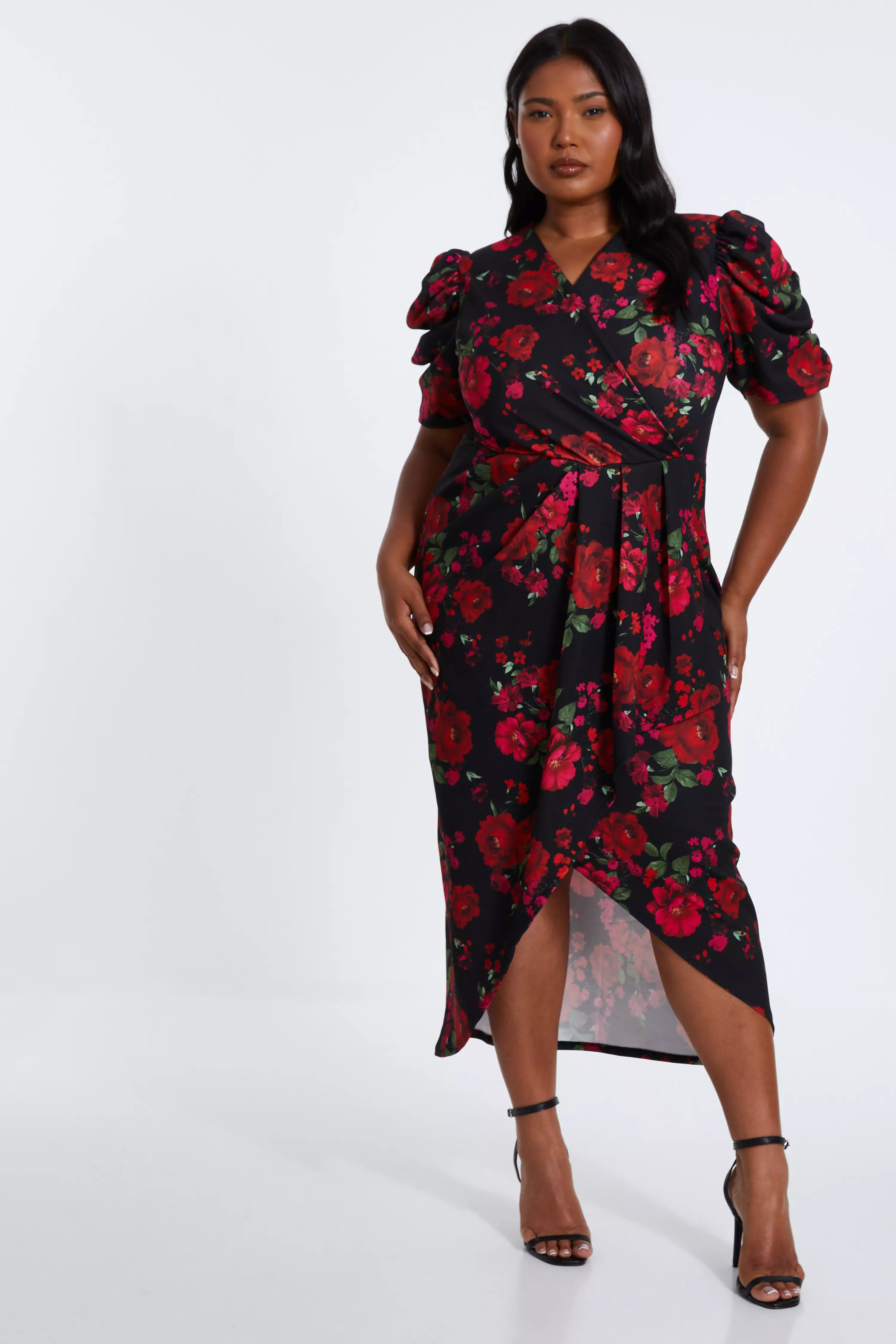 Curve Black Floral Wrap Midi Dress