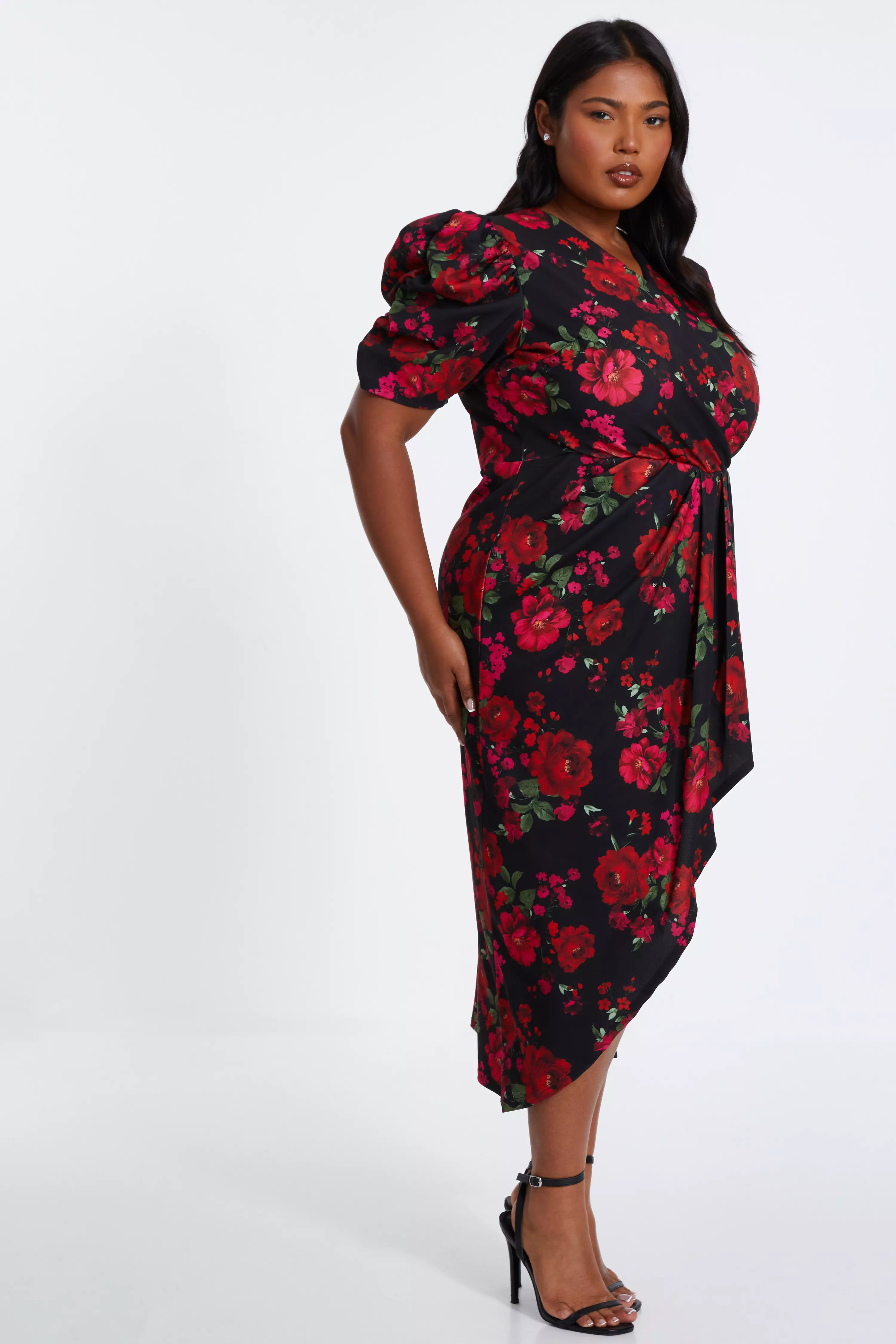 Curve Black Floral Wrap Midi Dress