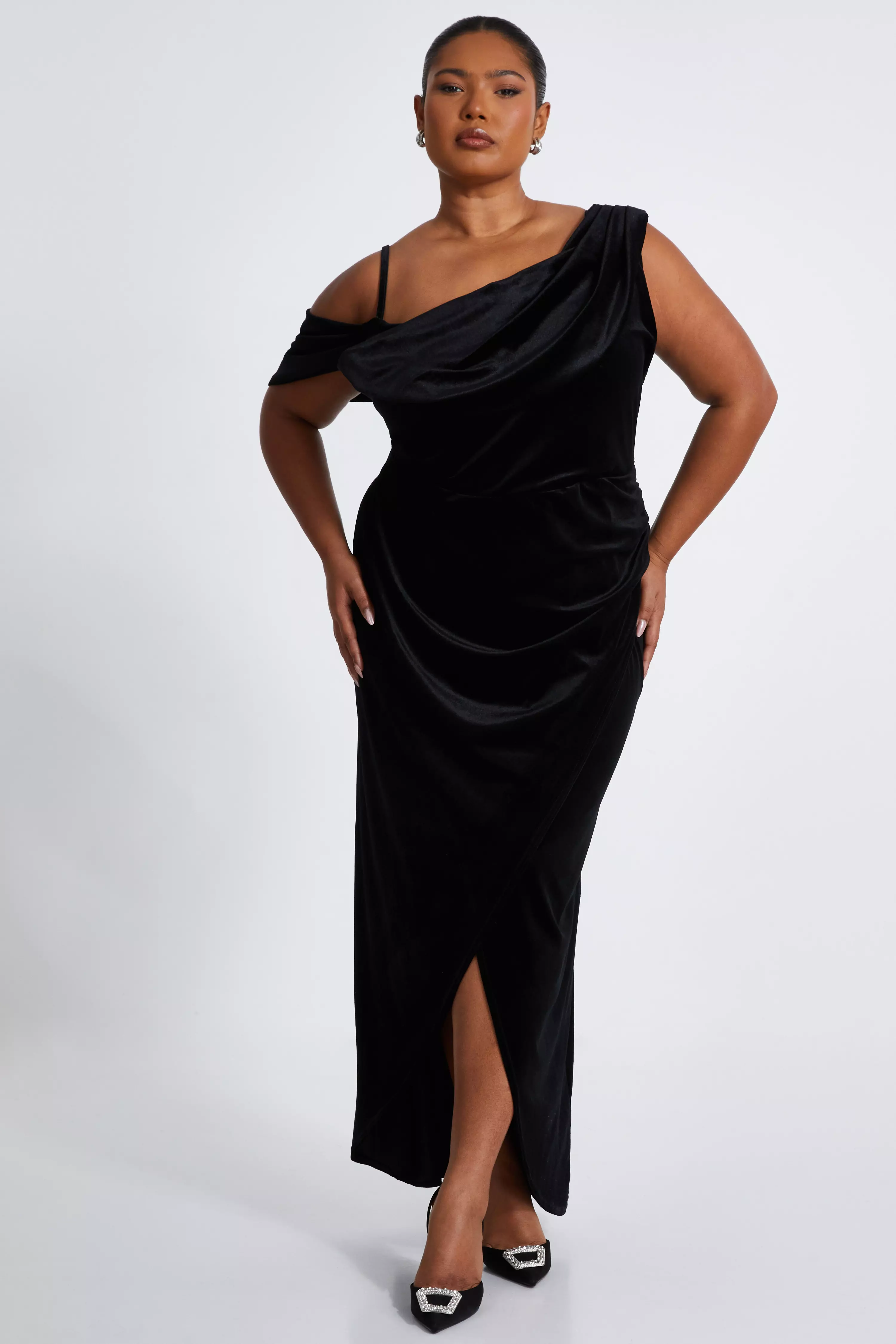 Black Curve Velvet Wrap Maxi Dress