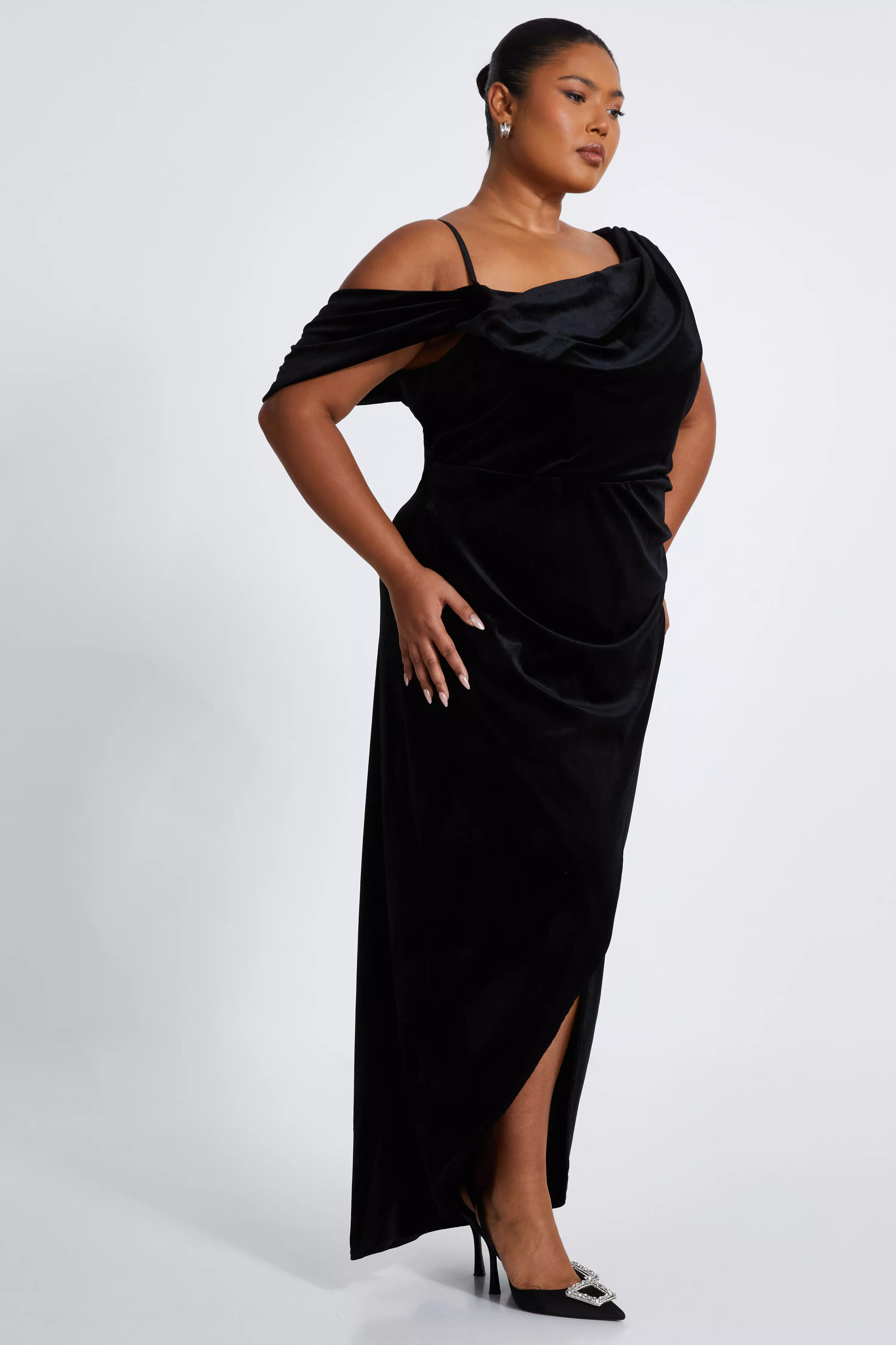 Black Curve Velvet Wrap Maxi Dress