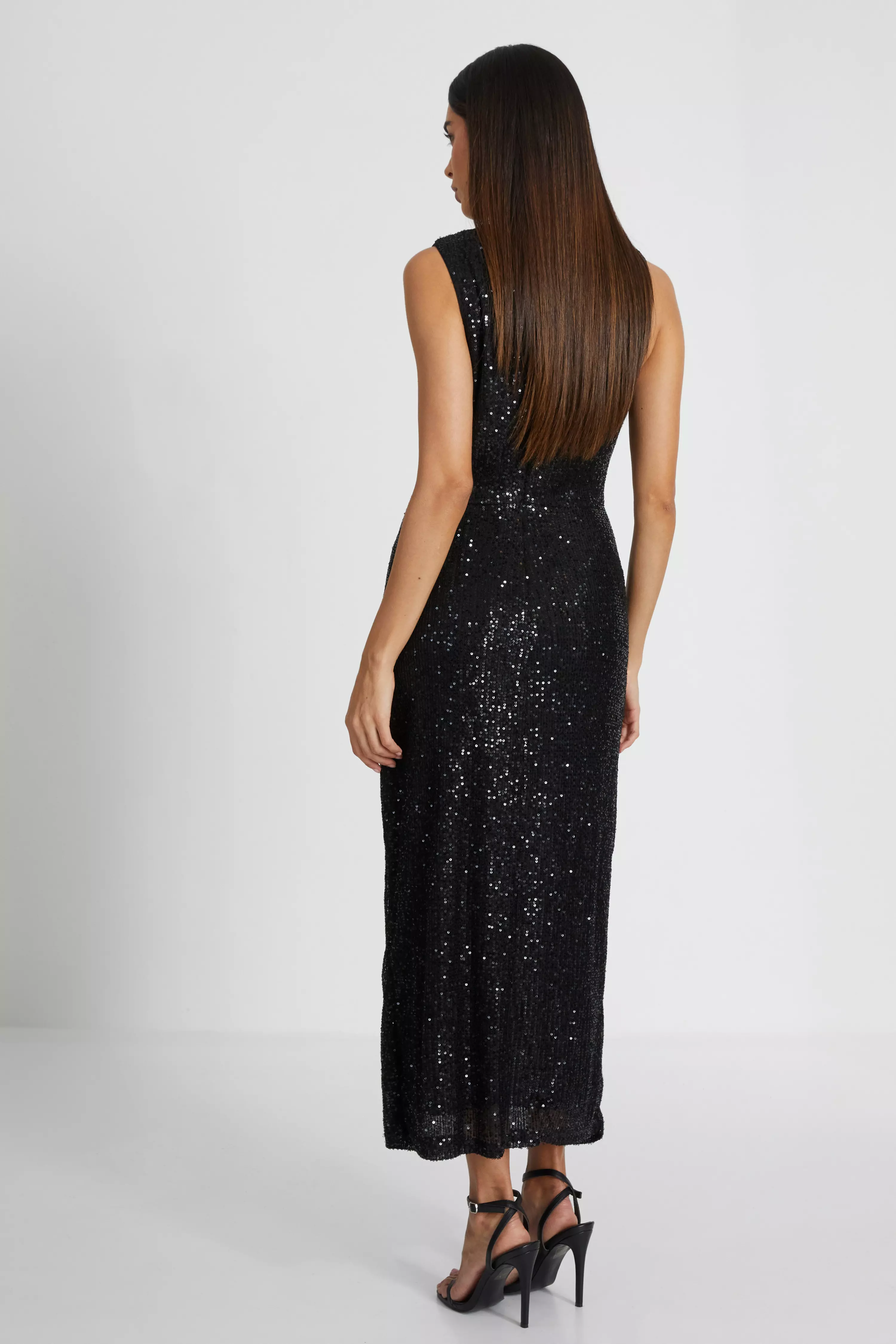 Black Sequin Ruched Side Midaxi Dress