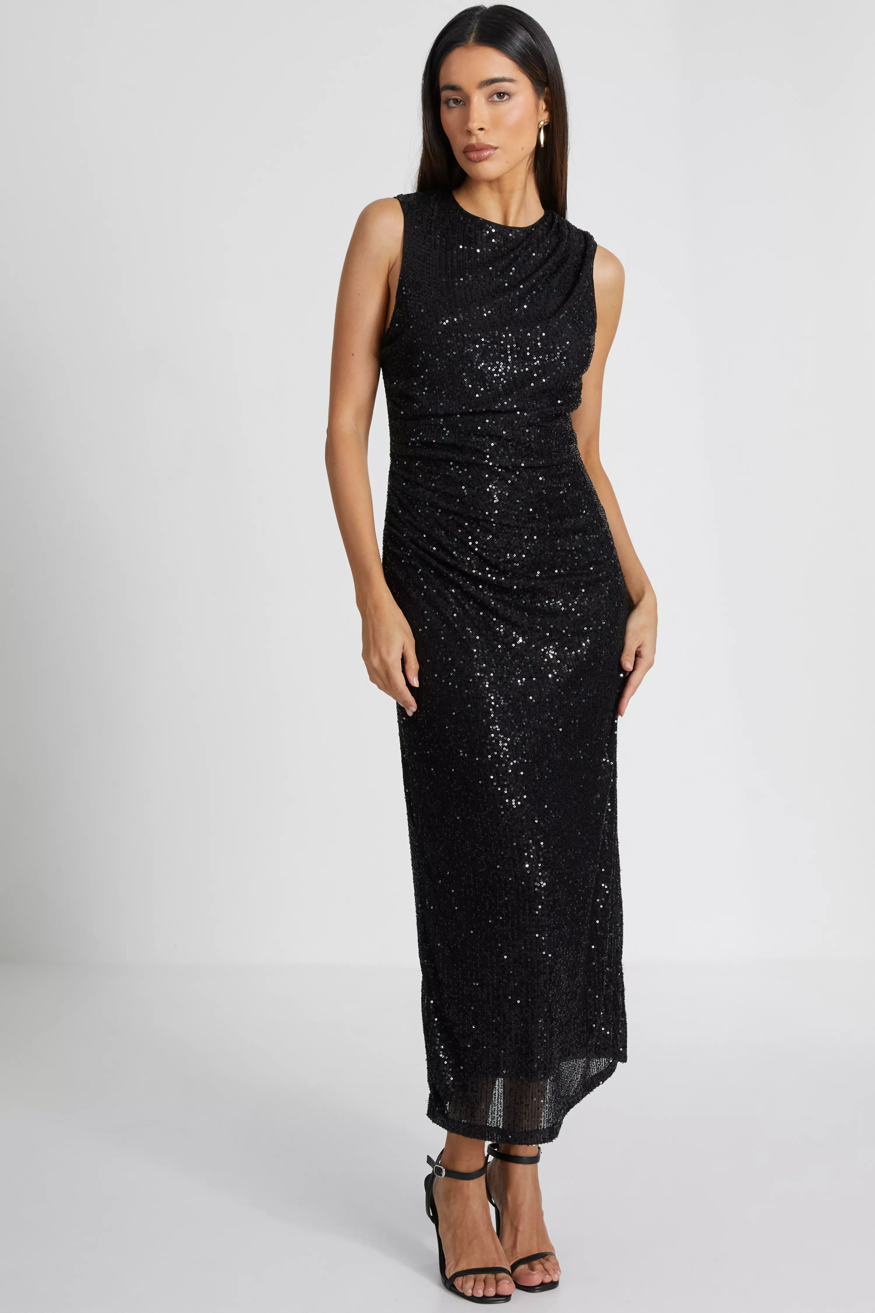 Black Sequin Ruched Side Midaxi Dress