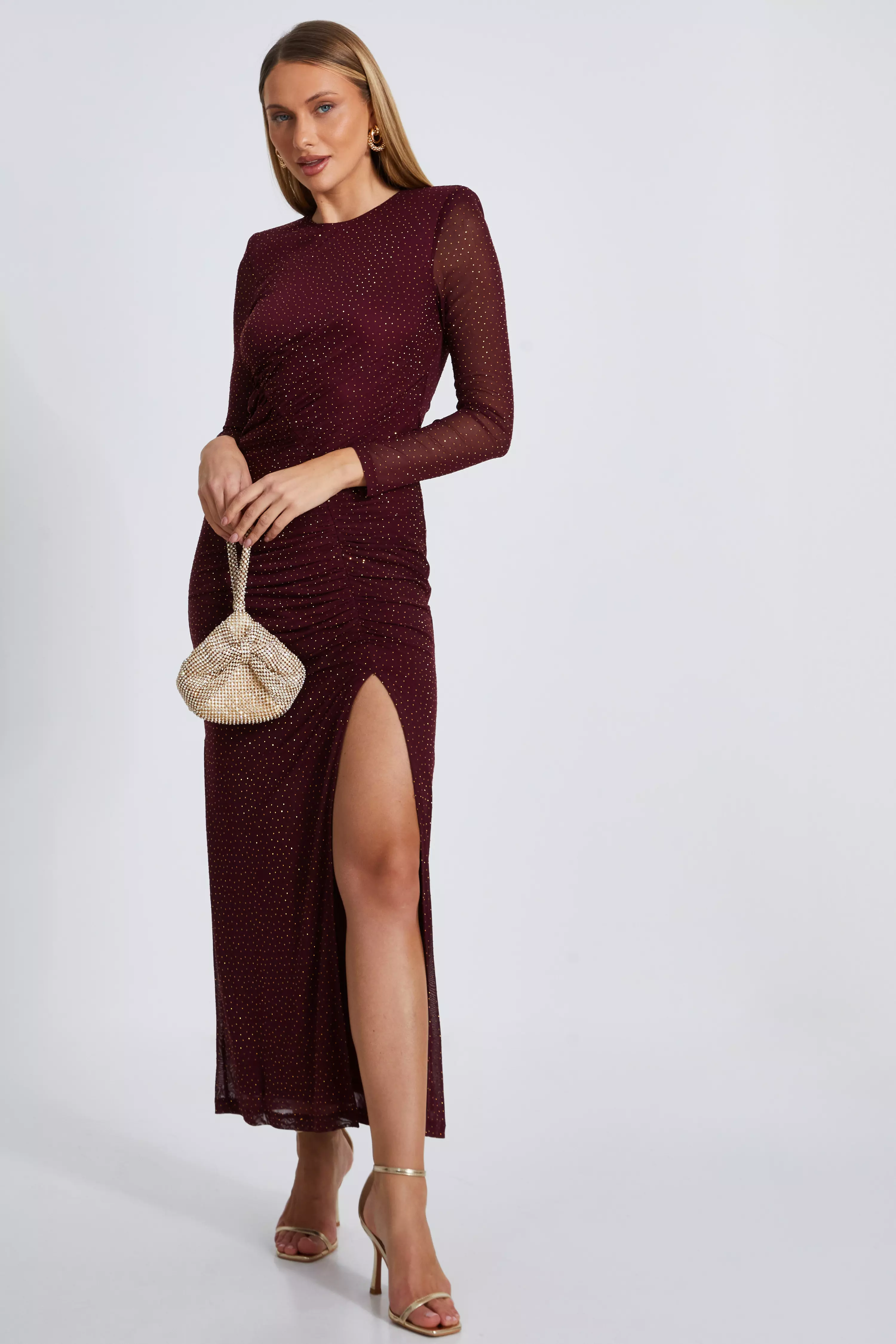 Dark Red Mesh Diamante Midaxi Dress