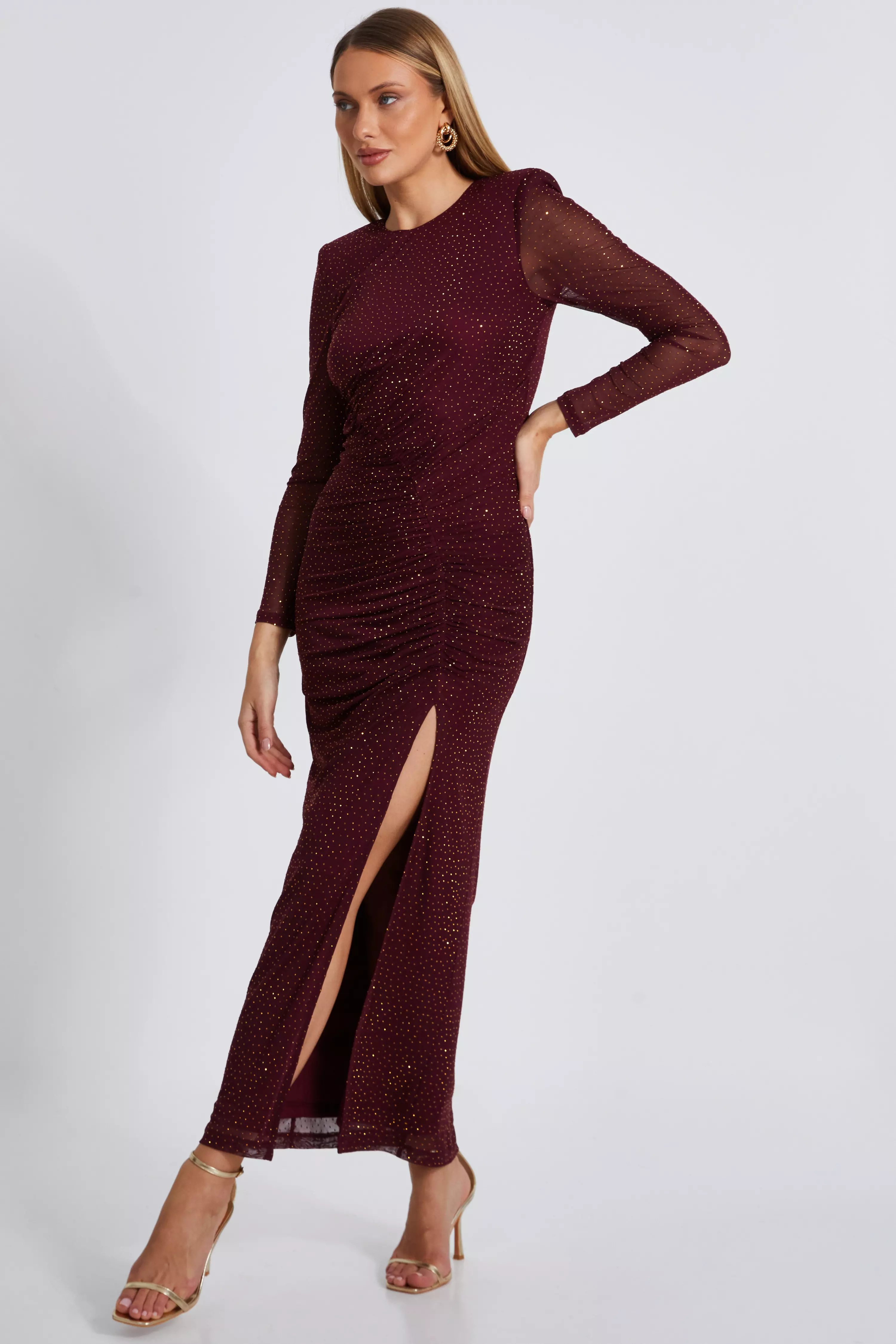 Dark Red Mesh Diamante Midaxi Dress