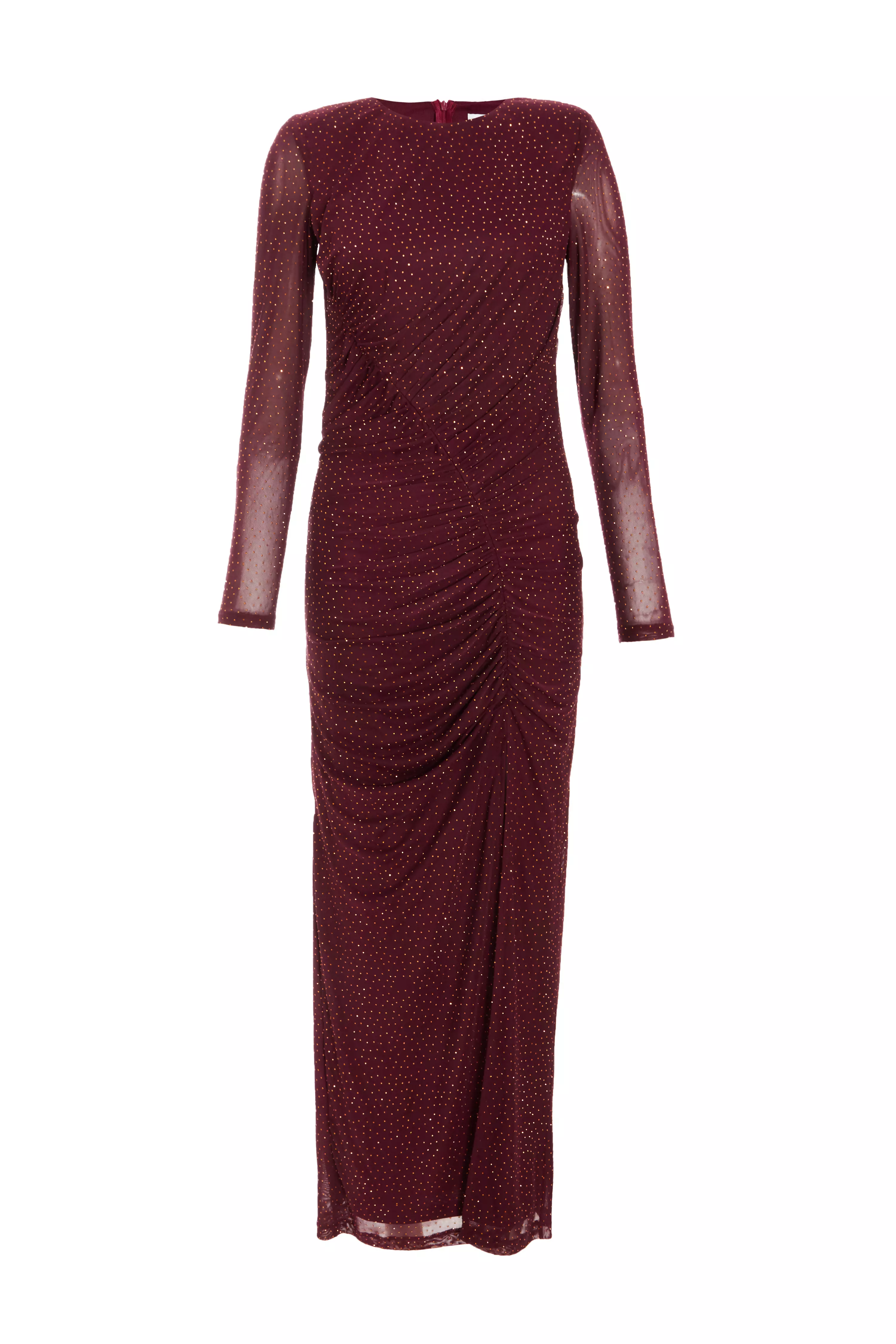 Dark Red Mesh Diamante Midaxi Dress