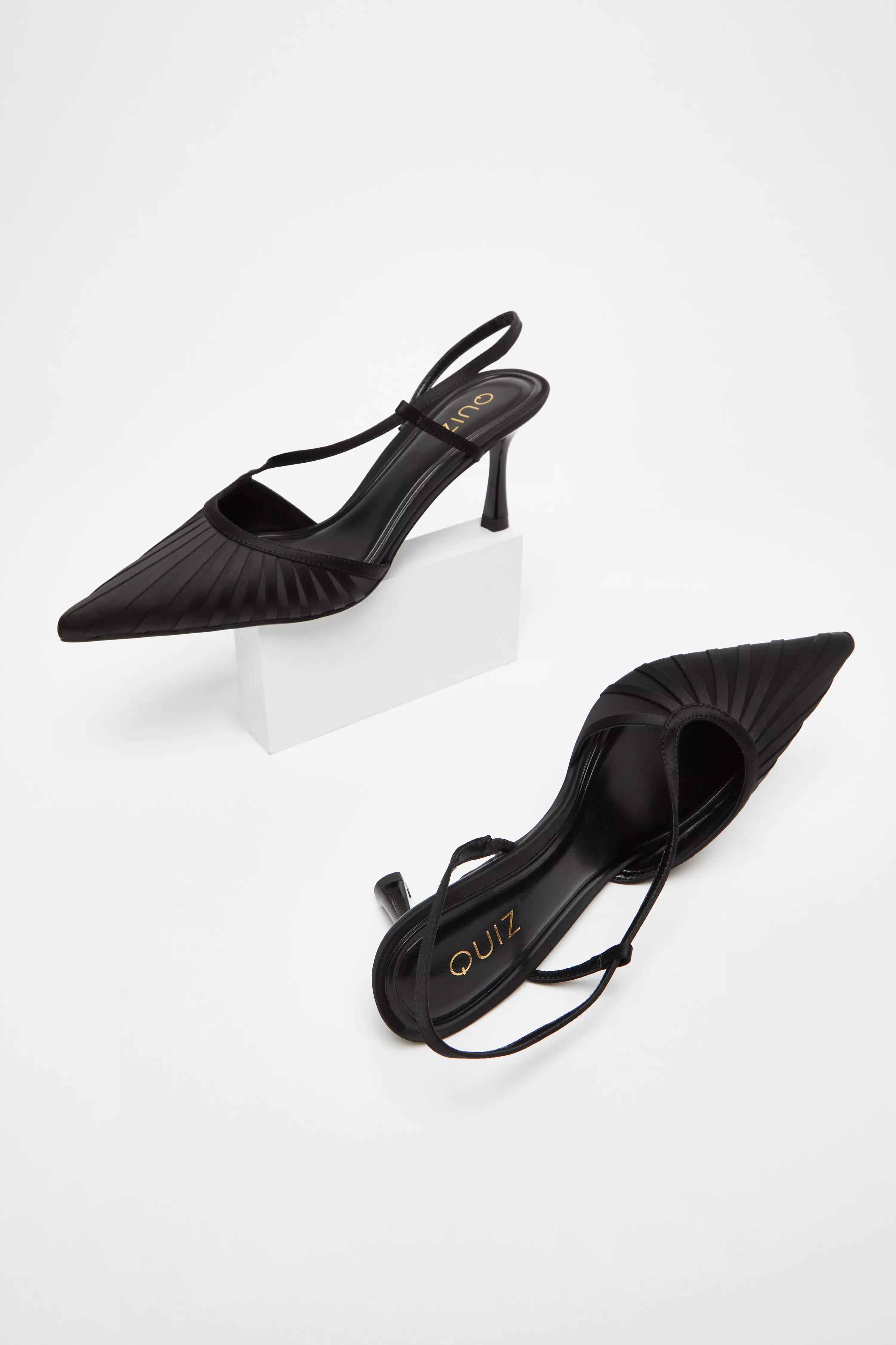 Black Satin Asymmetric Court Heels 