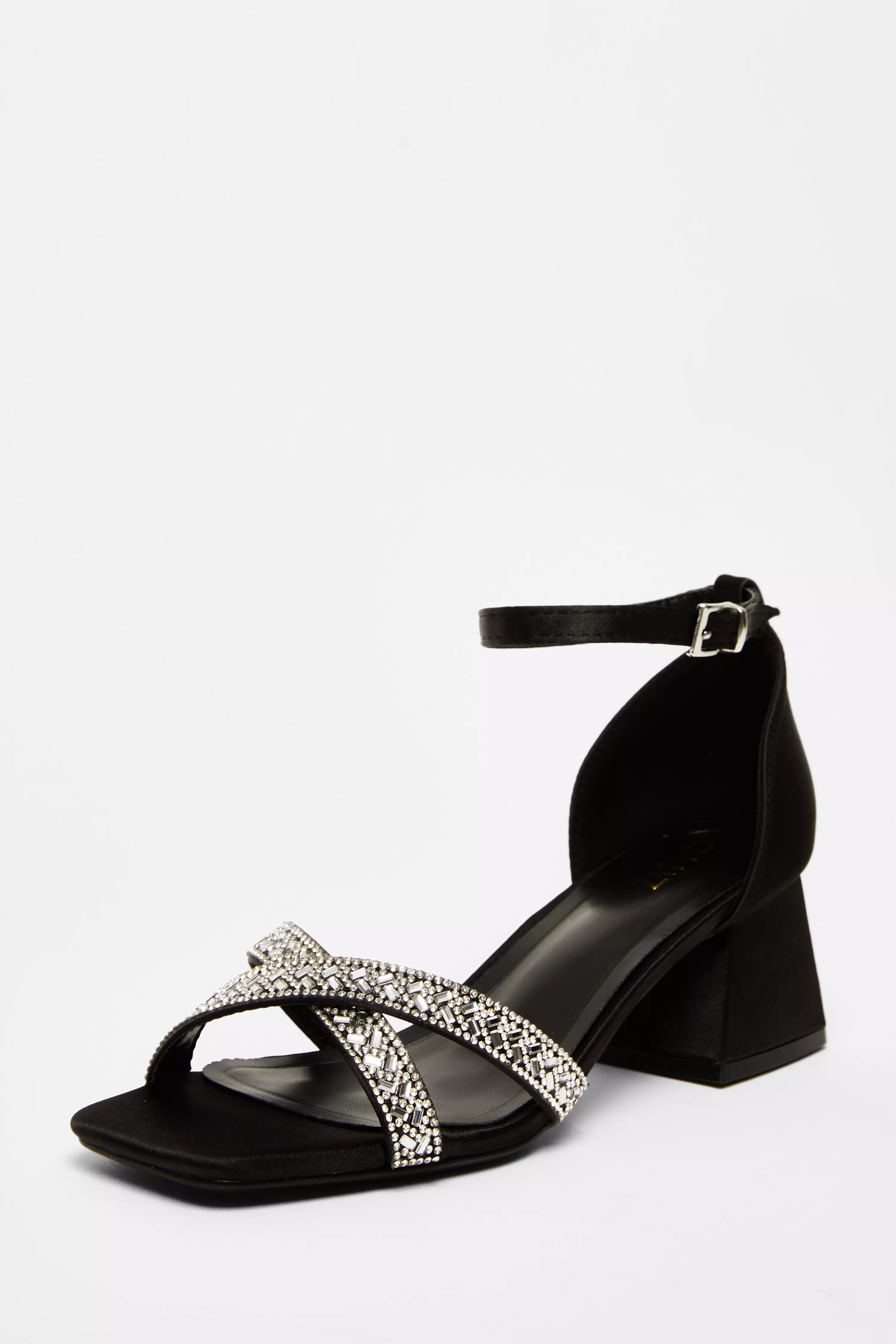 Black Satin Diamante Block Heels