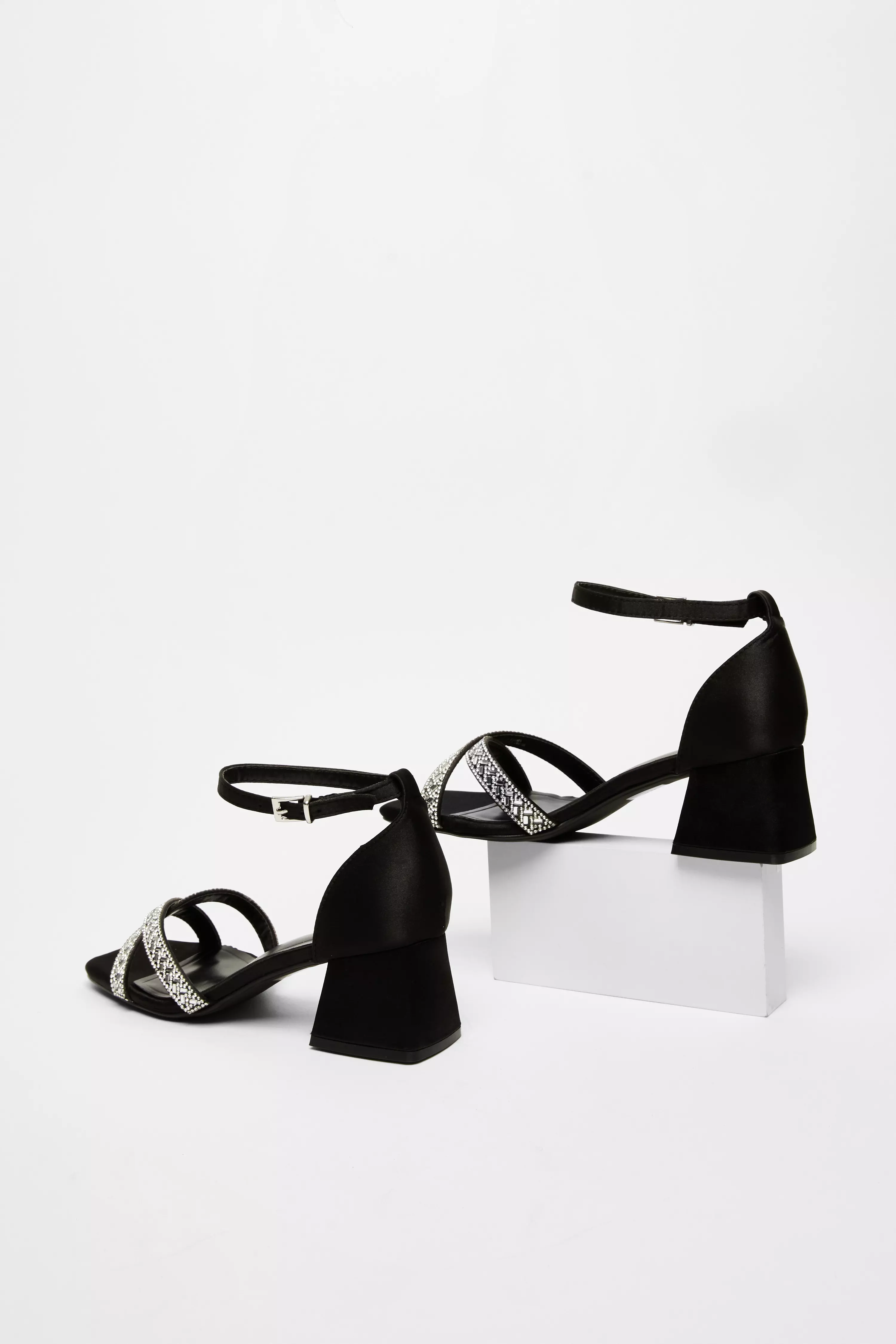 Black Satin Diamante Block Heels