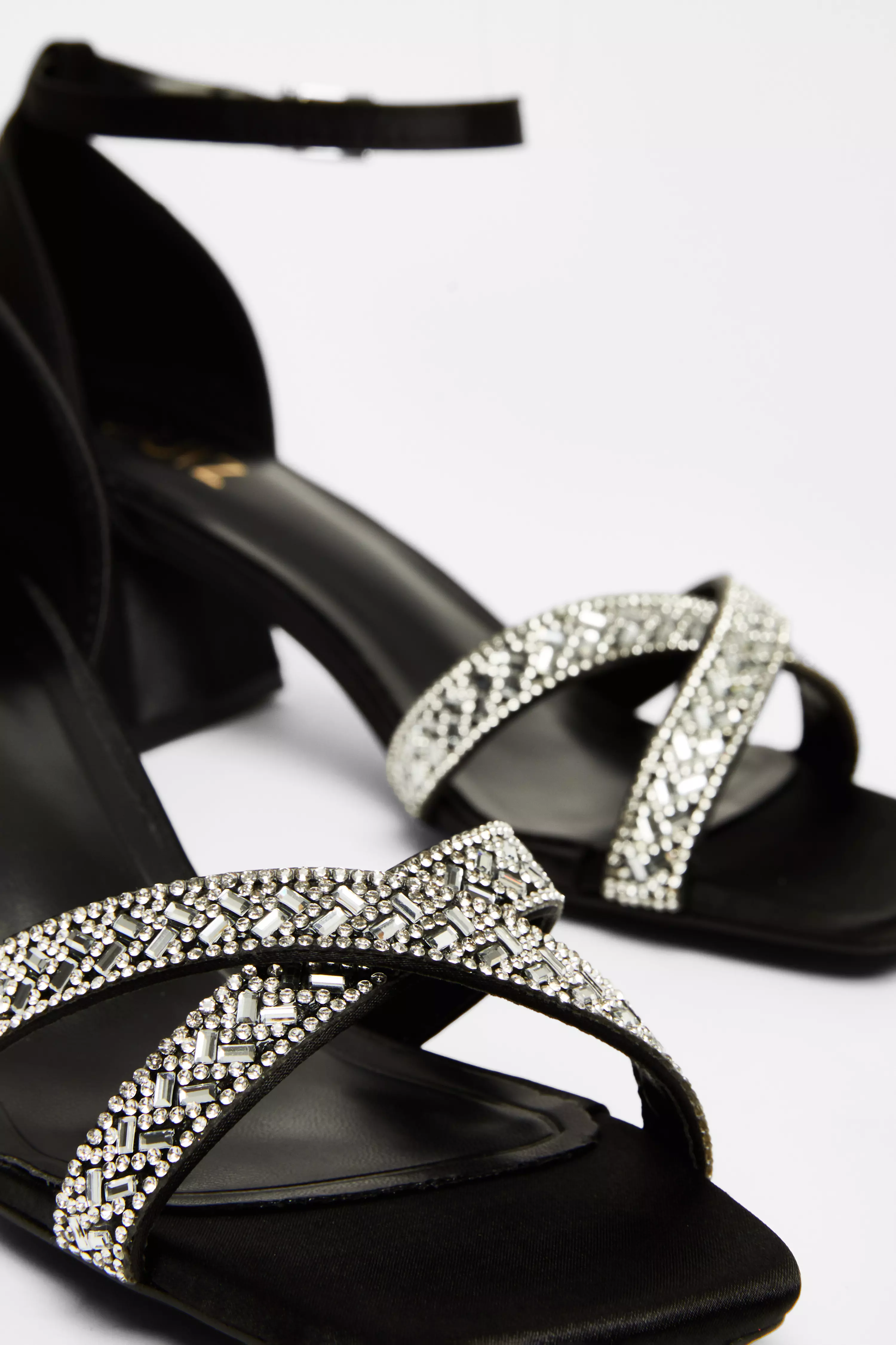 Black Satin Diamante Block Heels