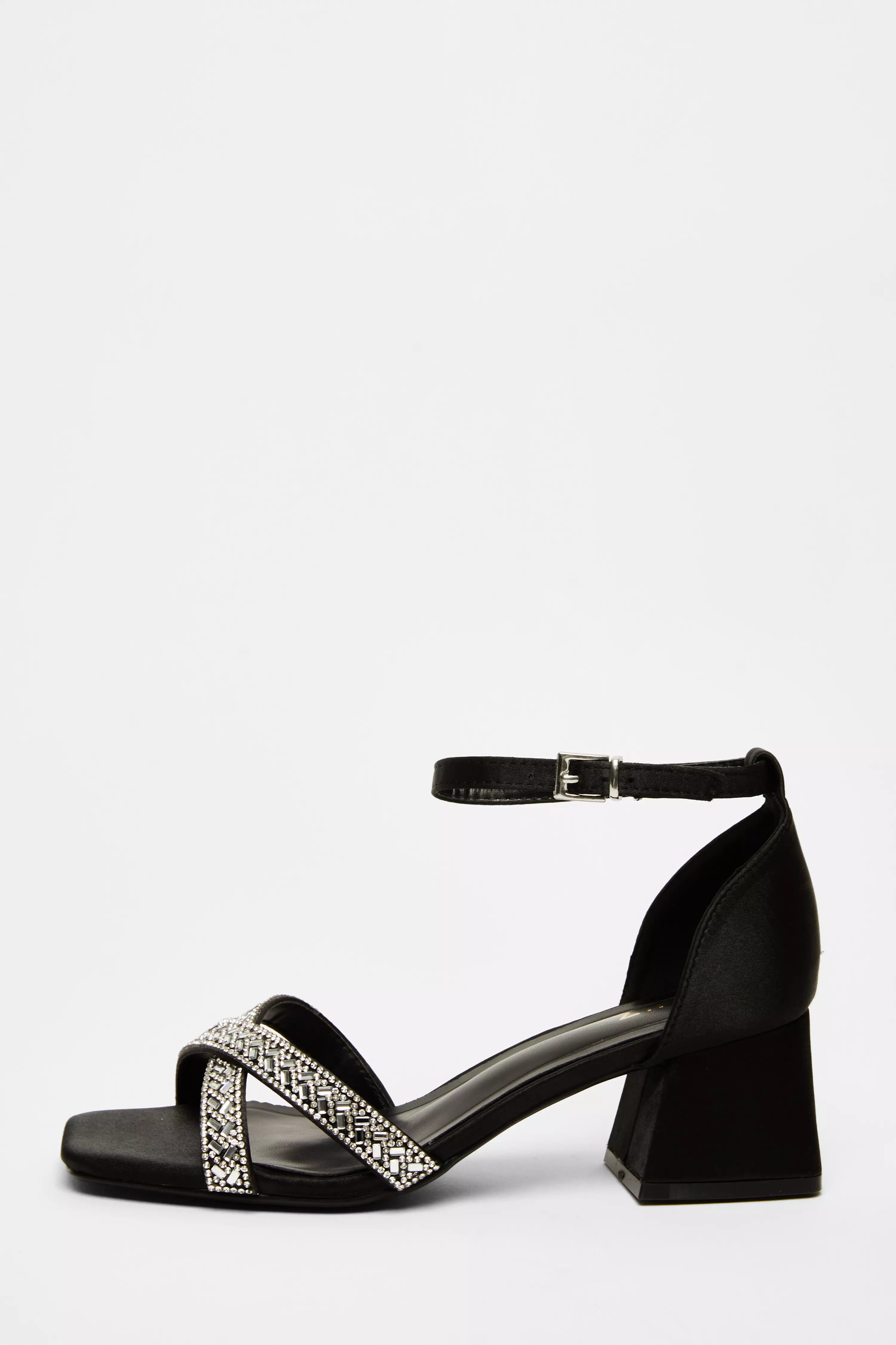 Black Satin Diamante Block Heels