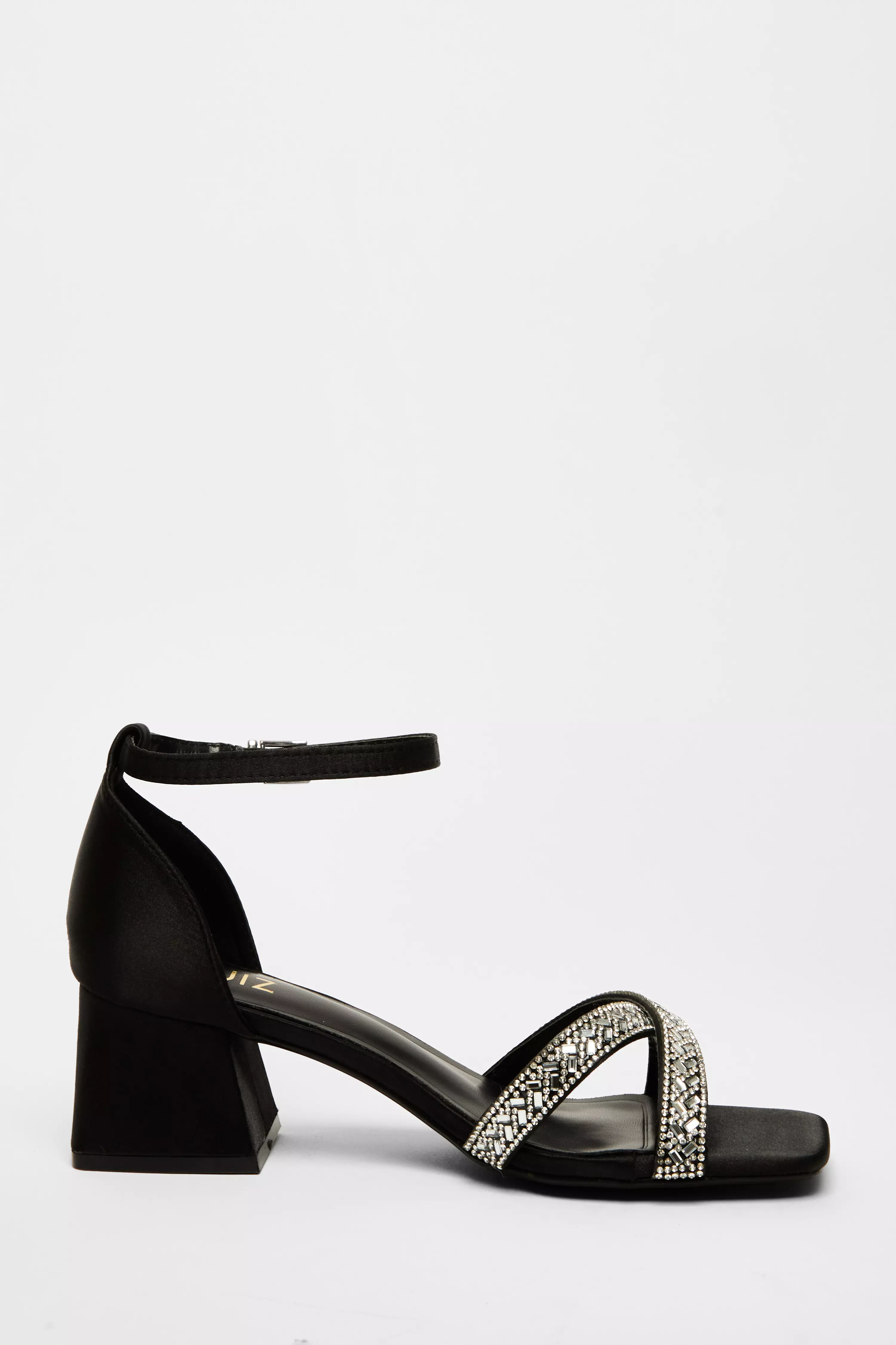 Black Satin Diamante Block Heels