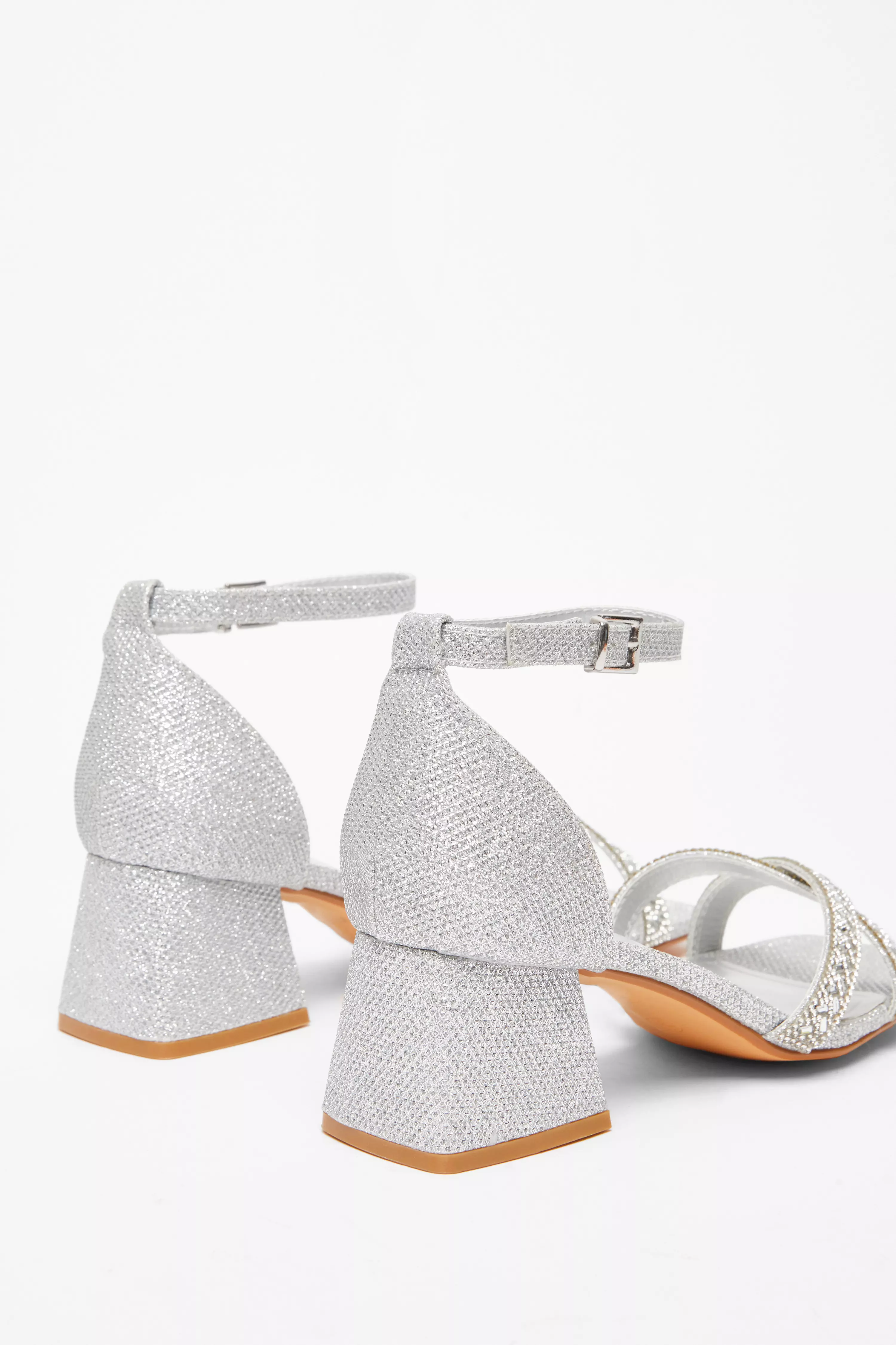 Silver Satin Diamante Low Heels