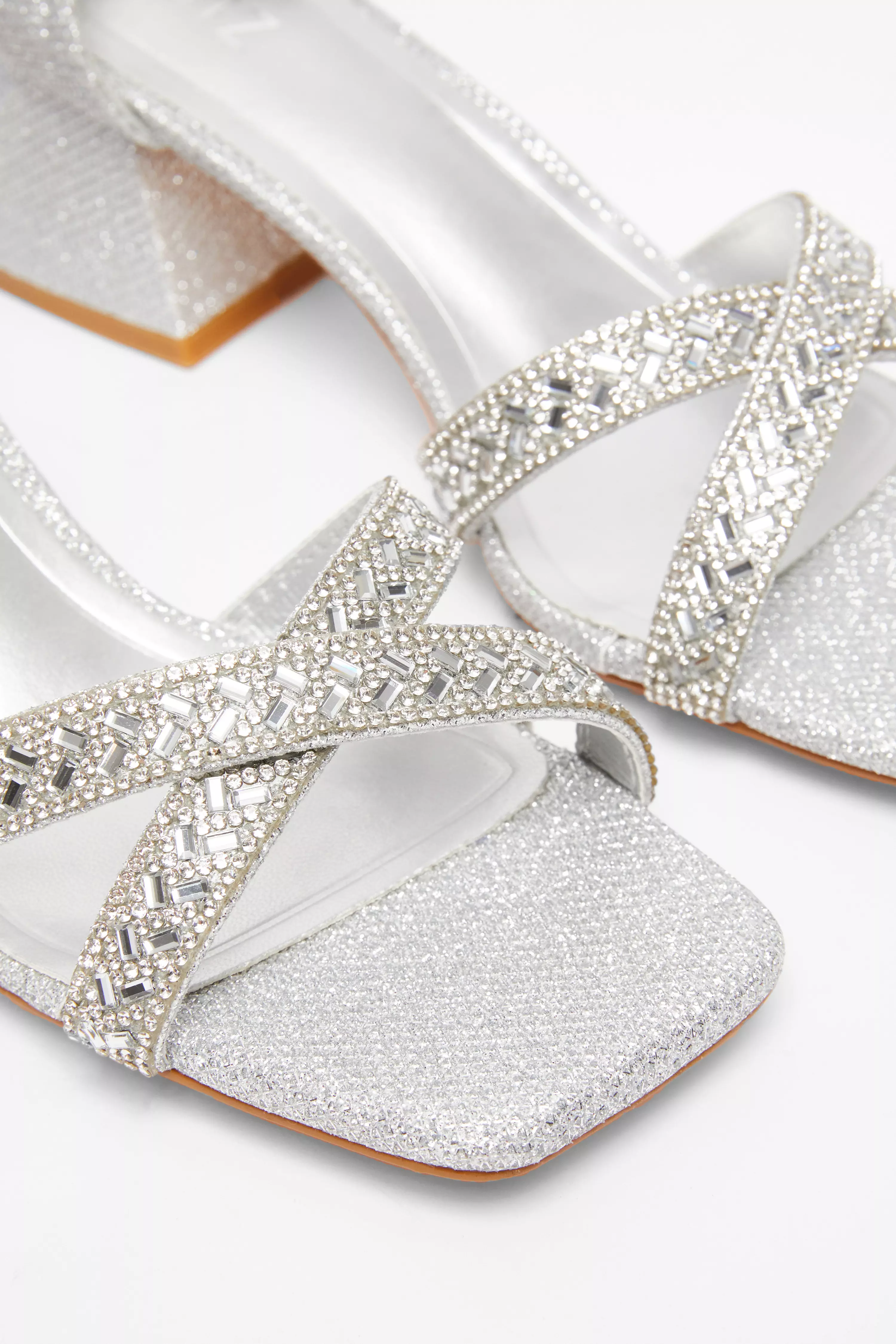 Silver Diamante Low Block Heels