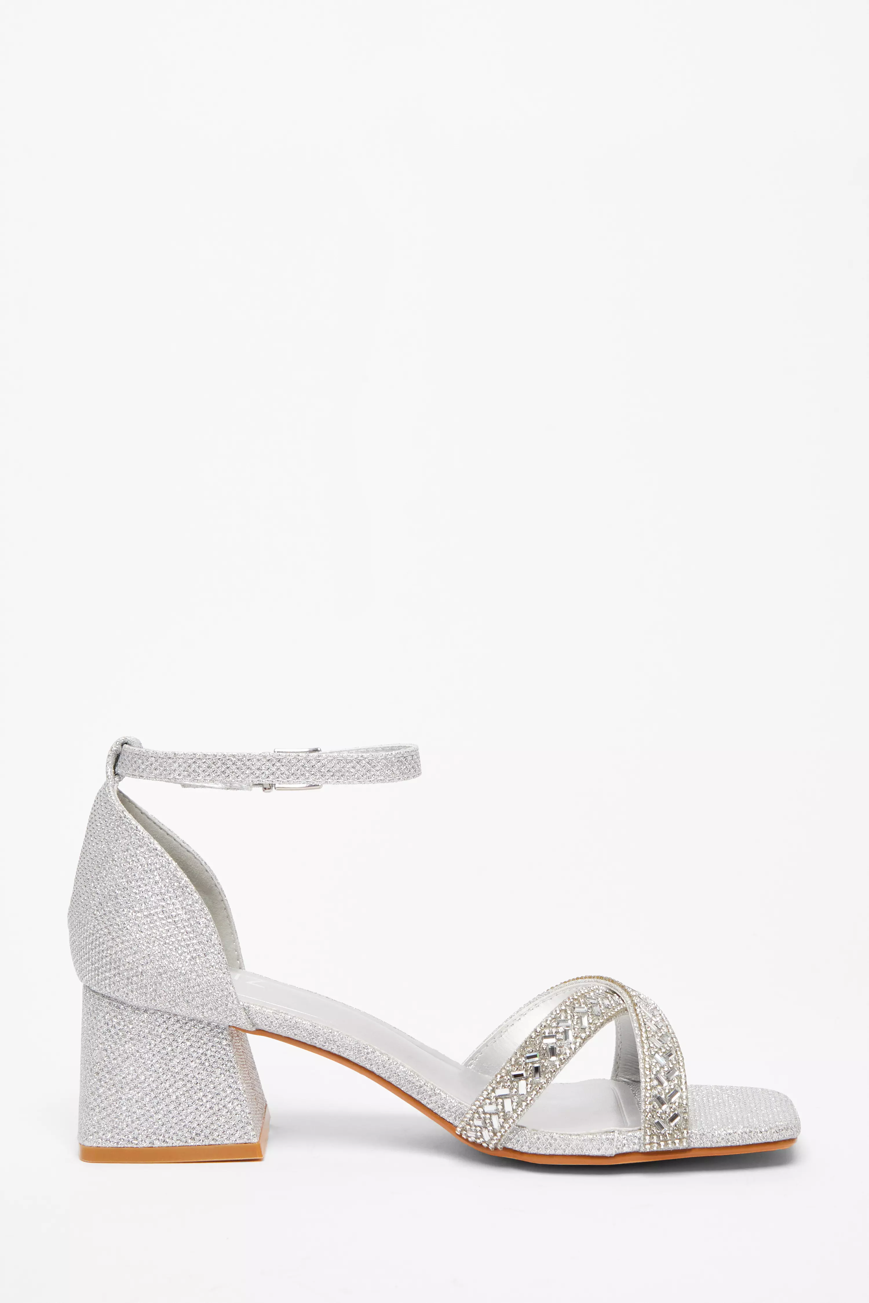 Silver Satin Diamante Low Heels