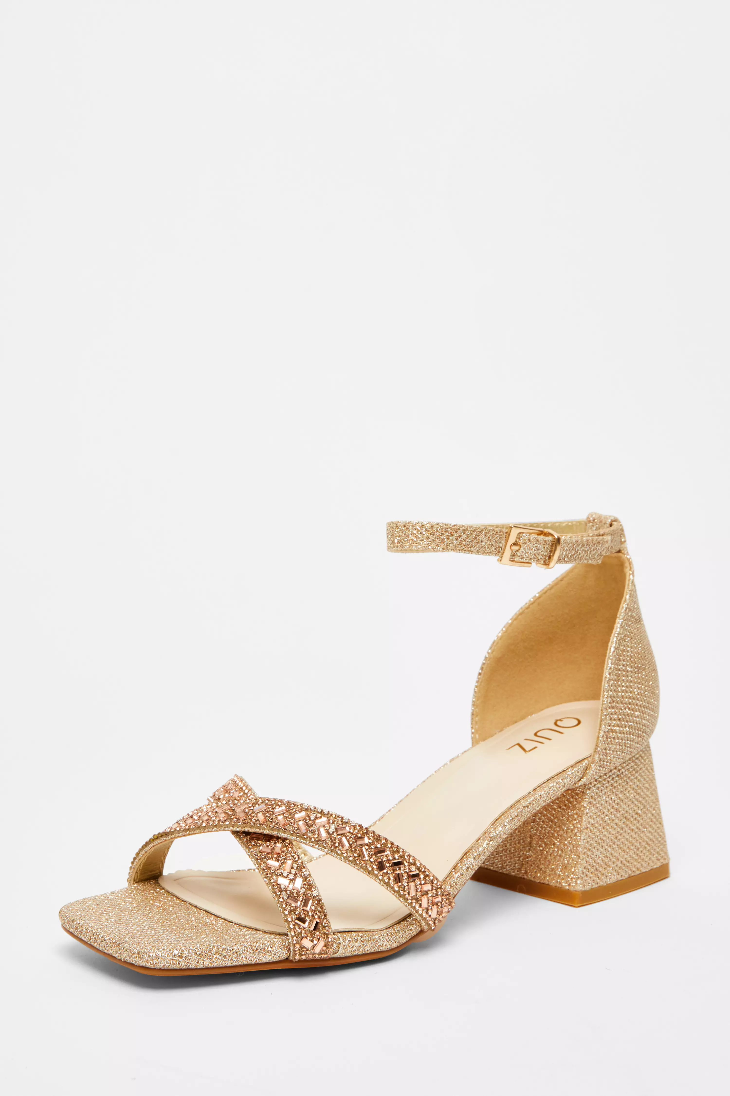 Rose Gold Diamante Low Block Heels