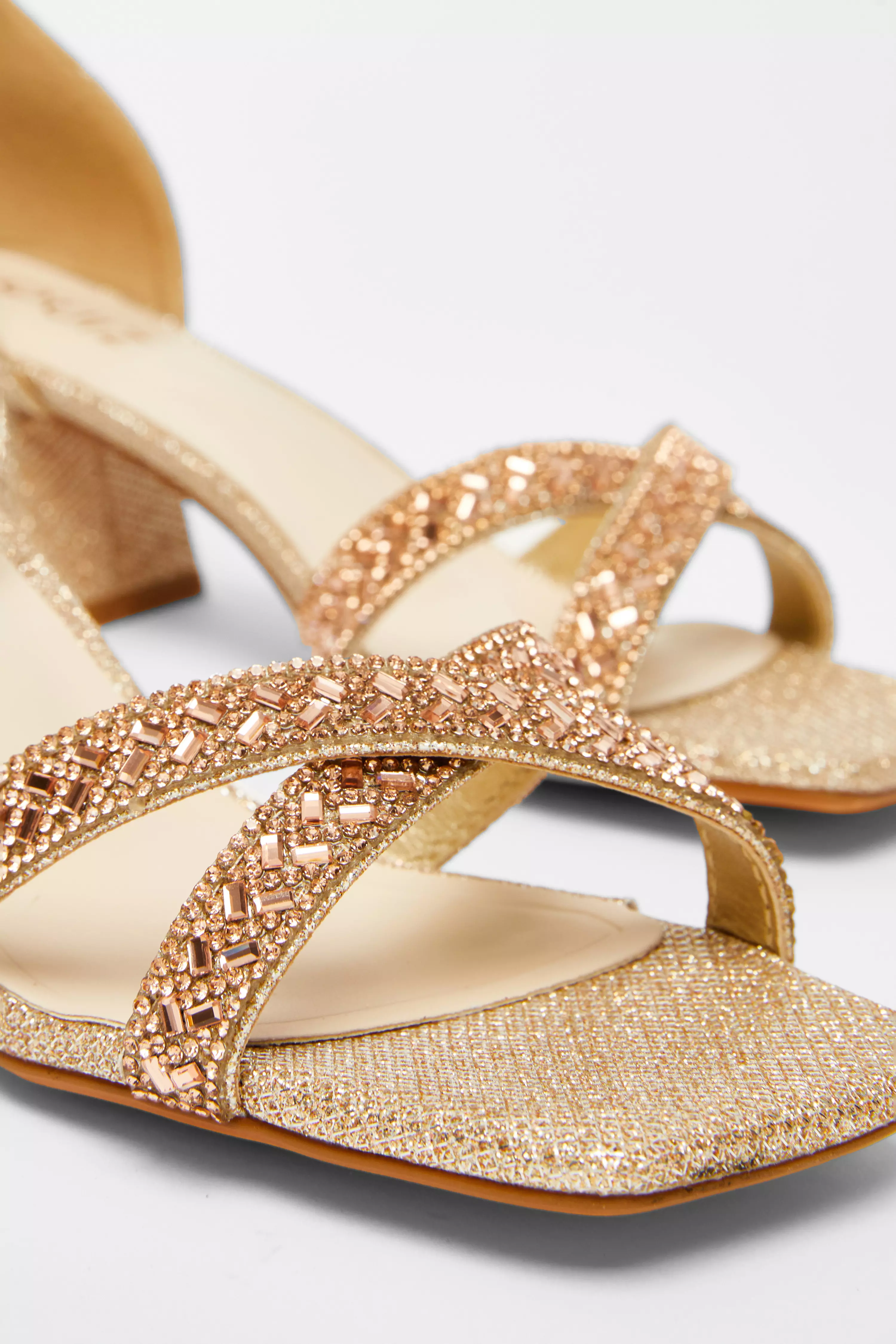 Gold Satin Diamante Low Block Heels