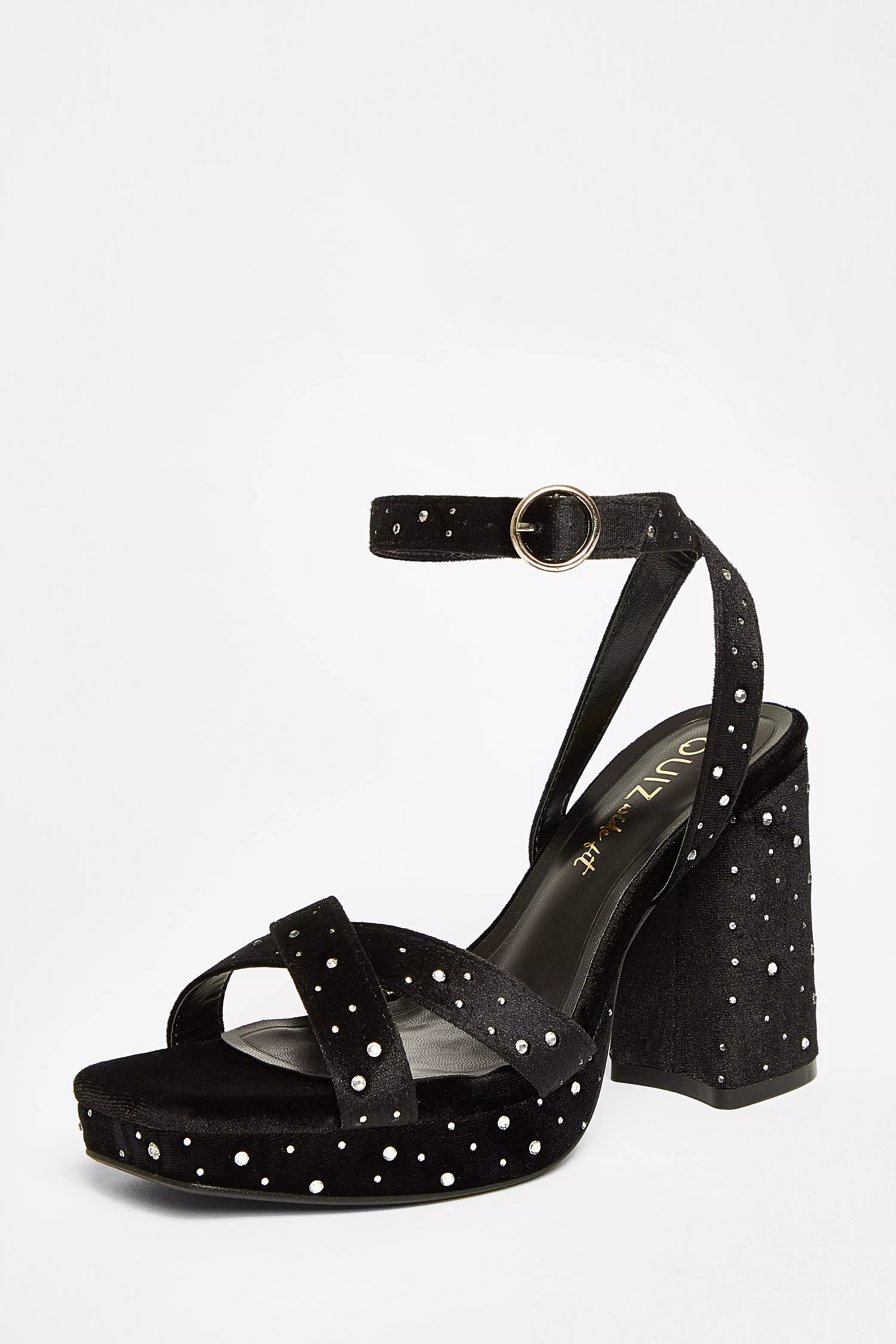 Wide Fit Black Diamante Block Heels