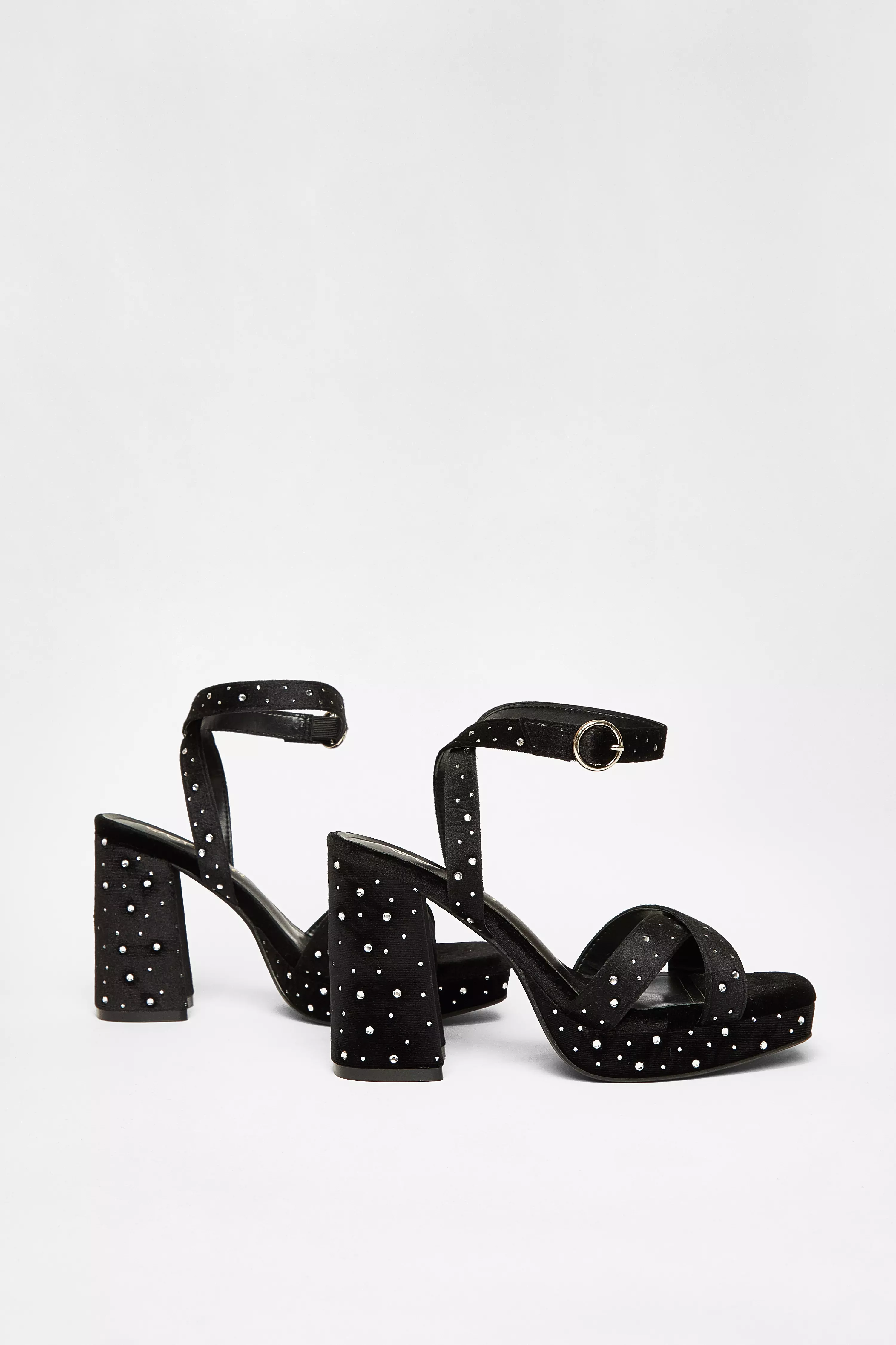 Wide Fit Black Diamante Block Heels