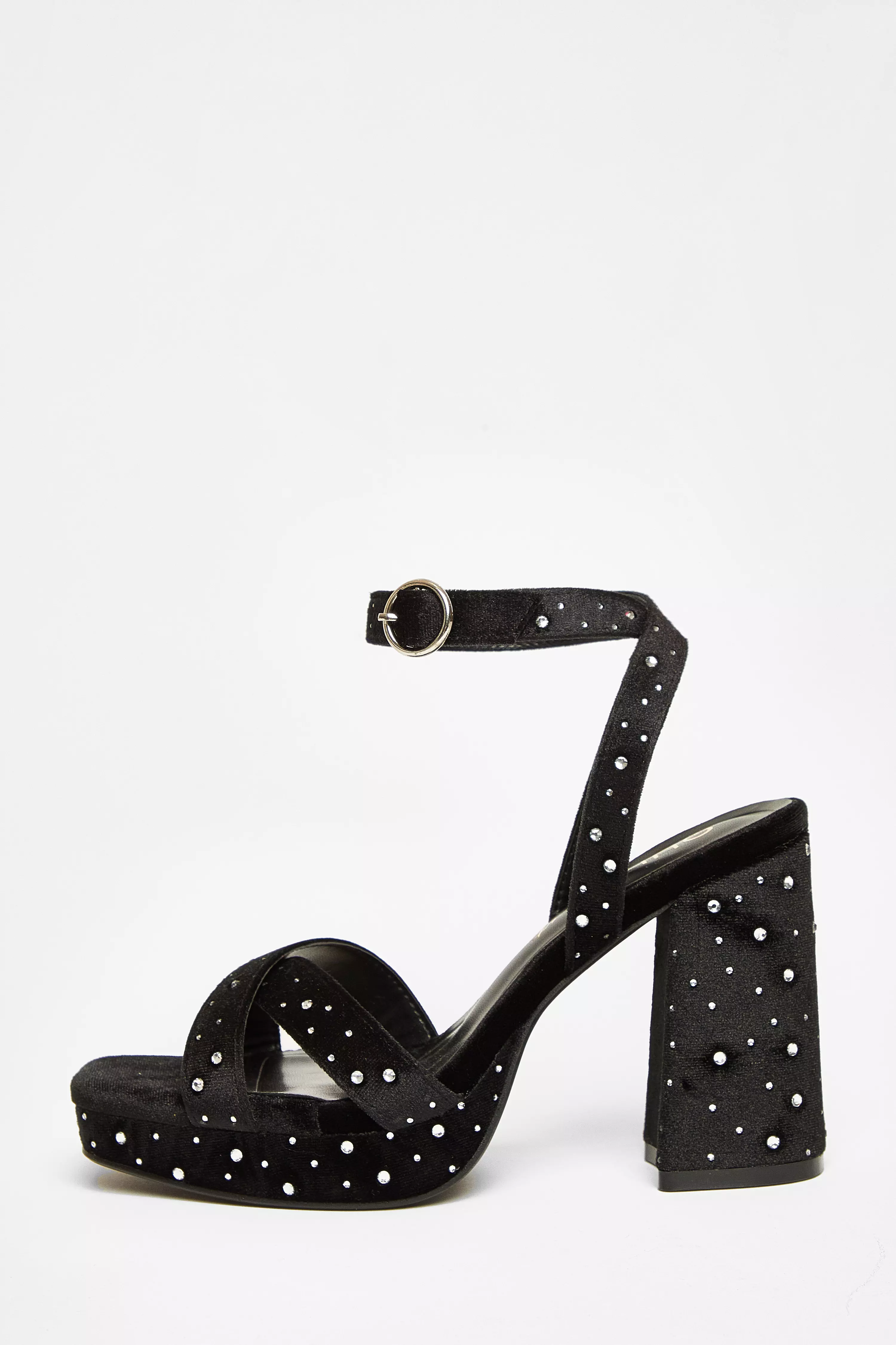 Wide Fit Black Diamante Block Heels