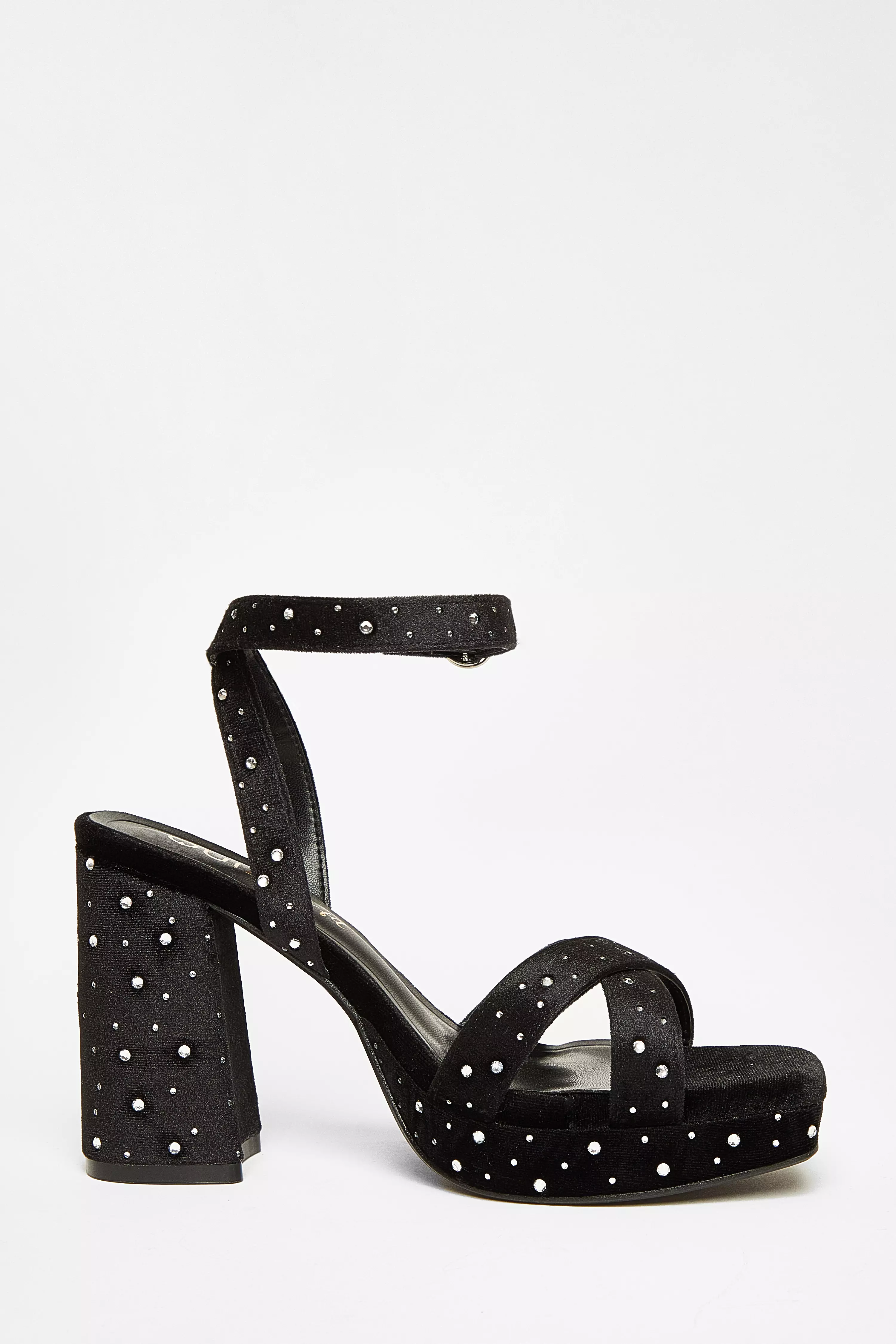 Wide Fit Black Diamante Block Heels