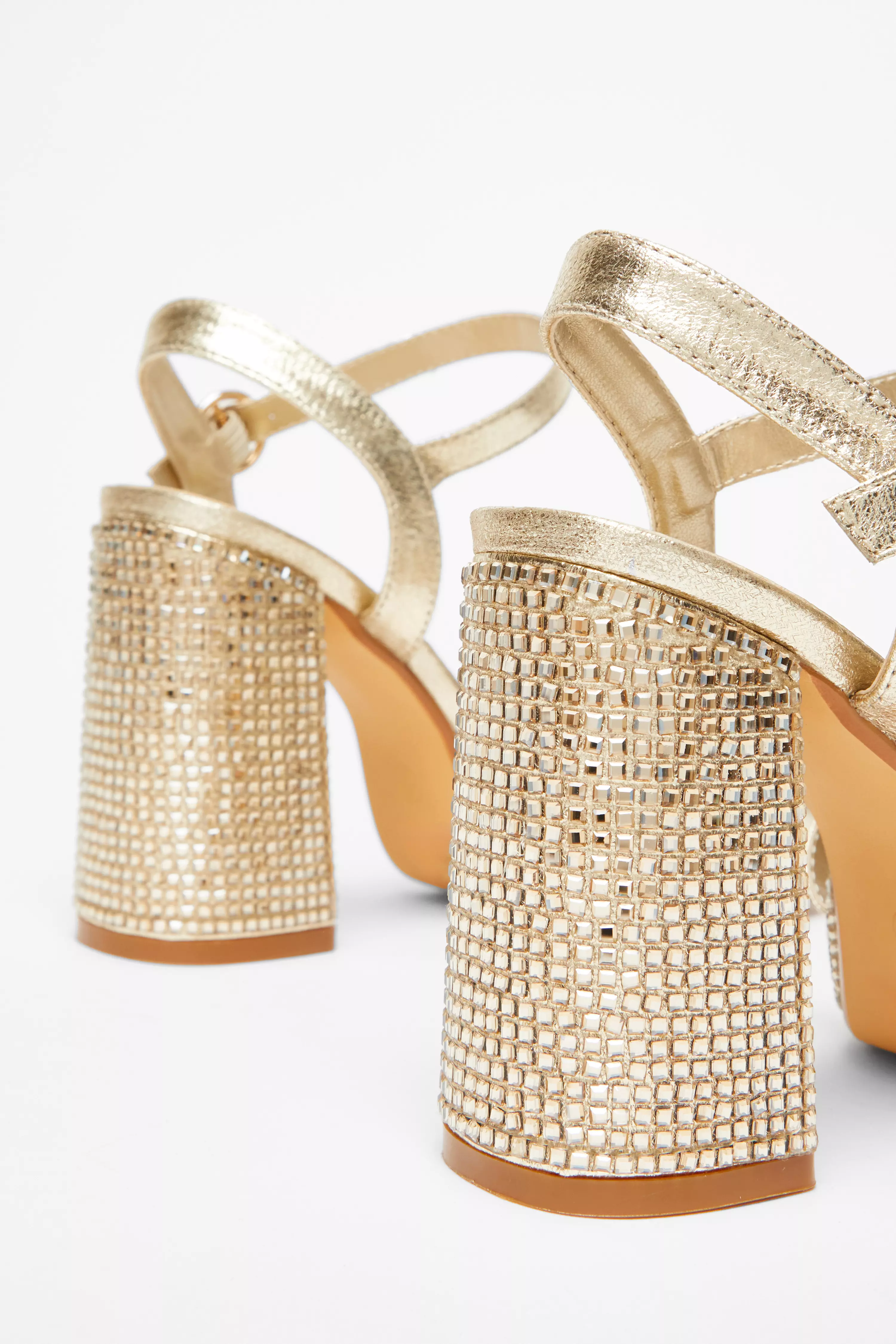 Wide Fit Gold Diamante Block Heel