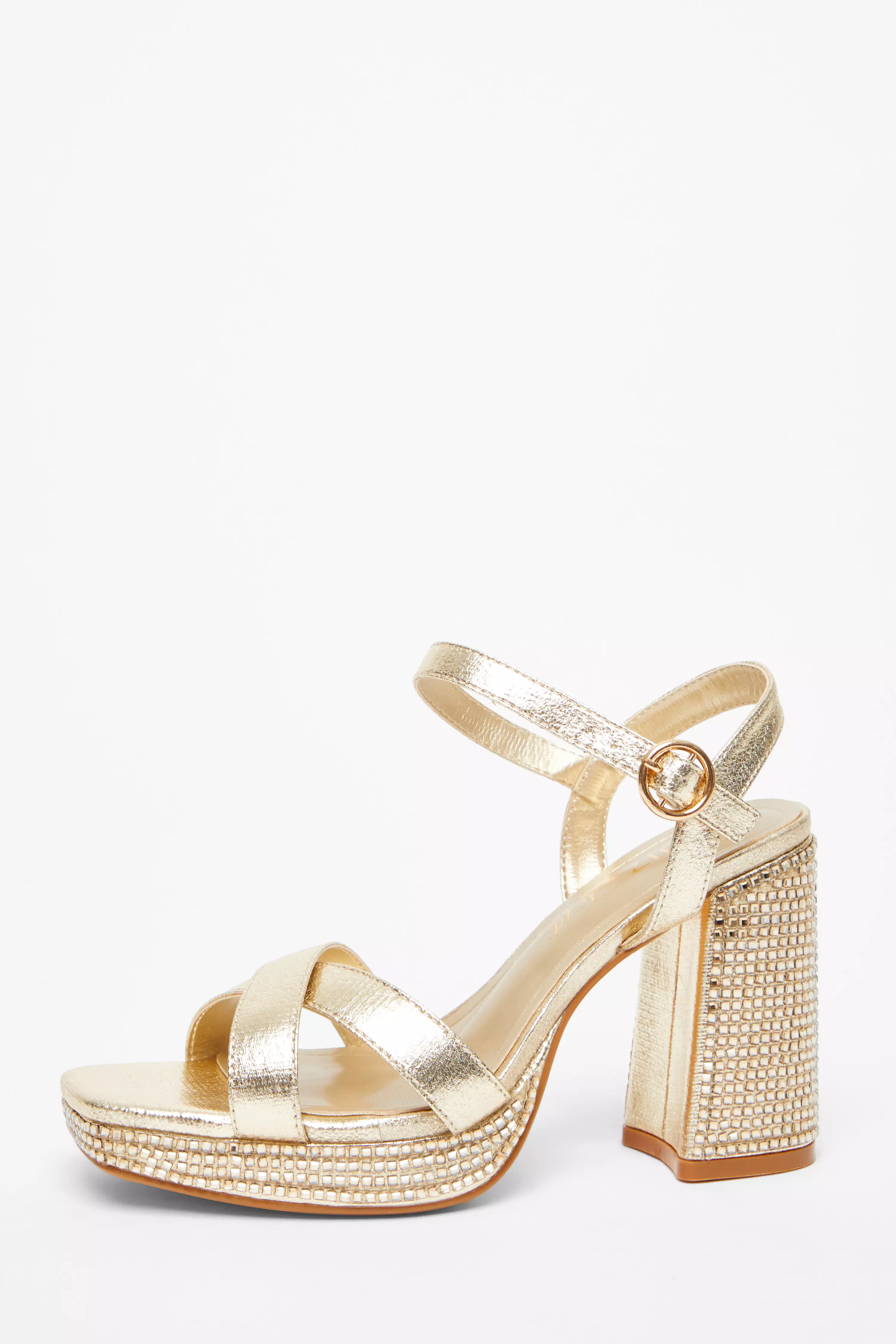 Wide Fit Gold Diamante Block Heel