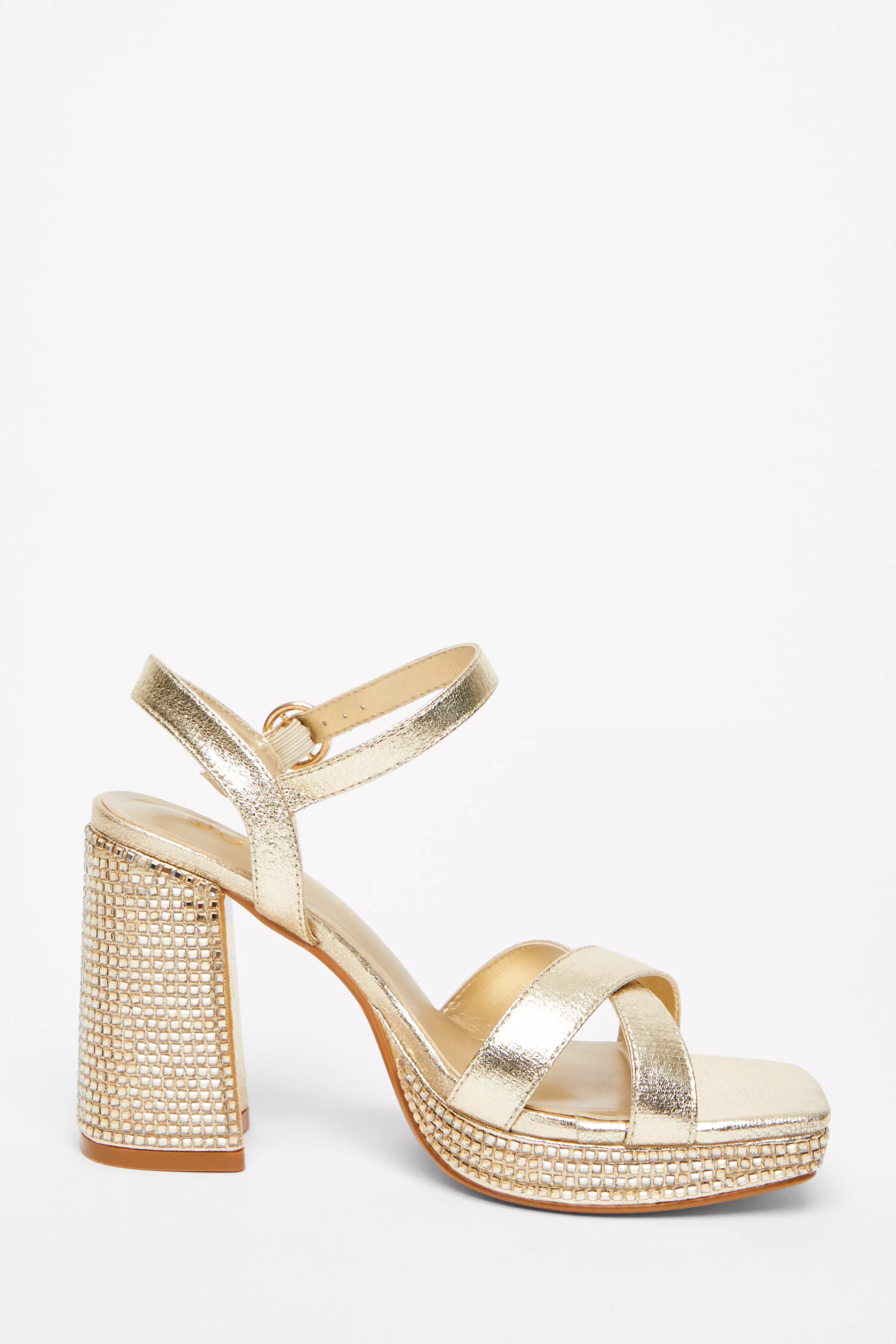 Wide Fit Gold Diamante Block Heel