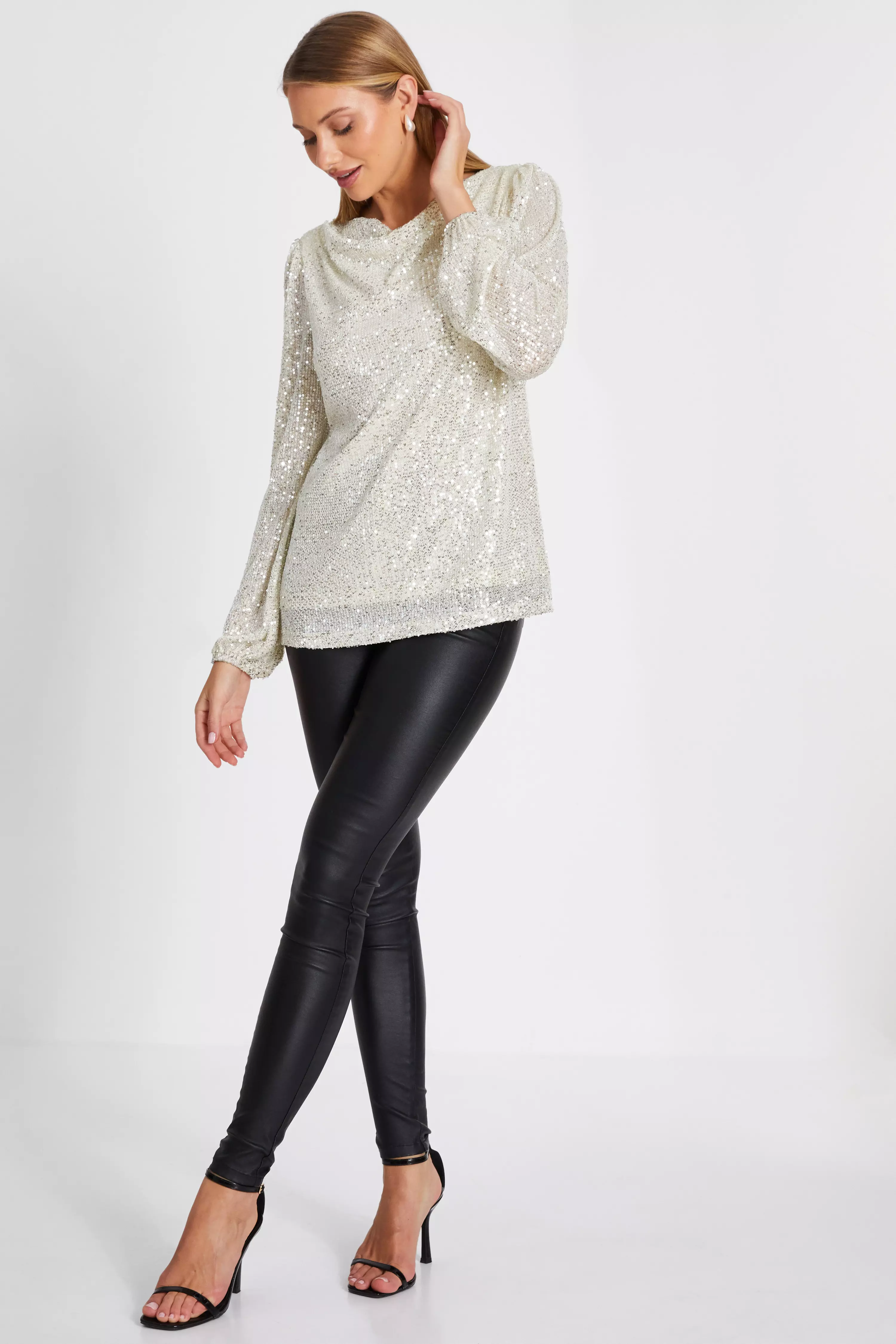 Champagne Sequin Drape Neck Boxy Top 