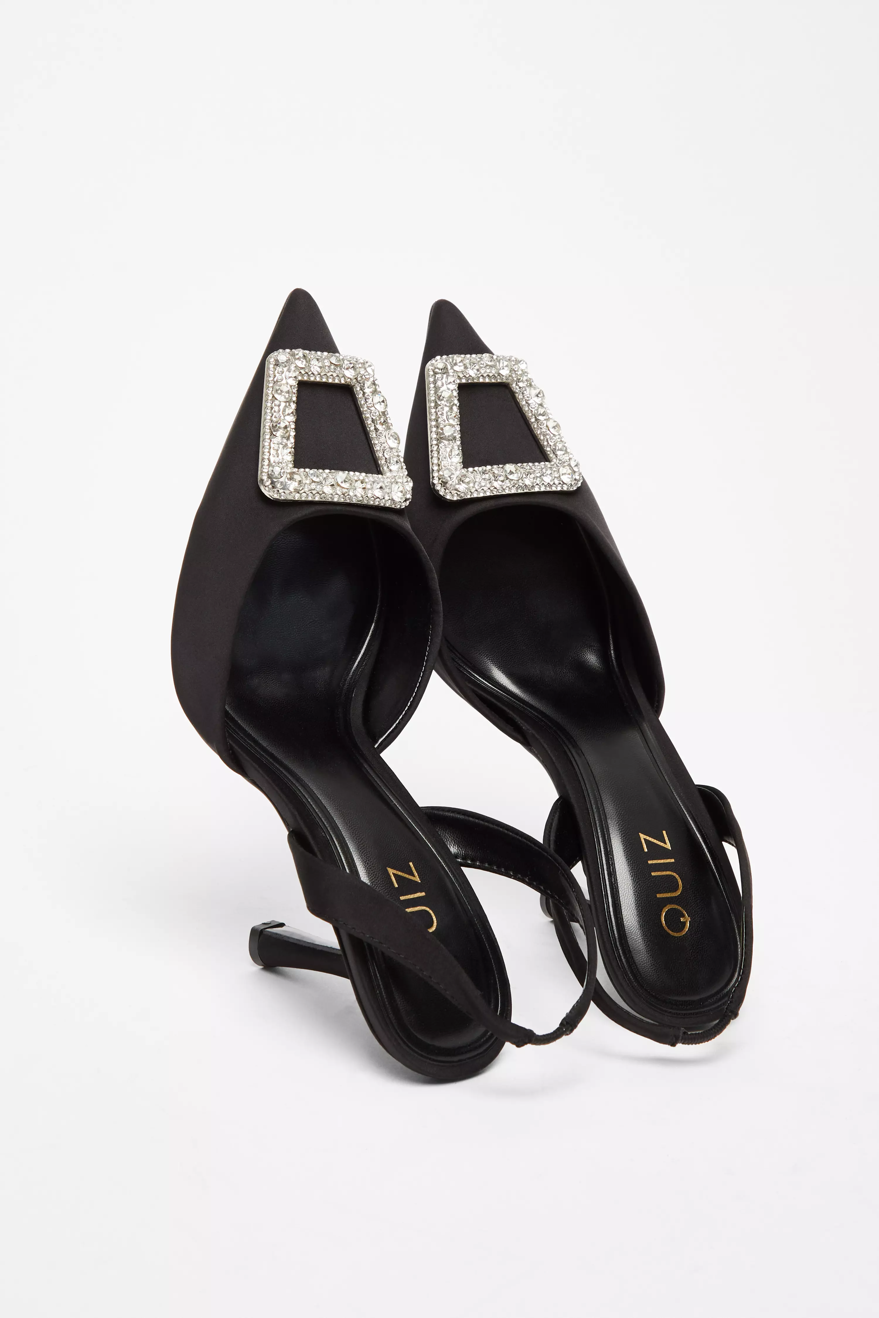 Black Satin Brooch Court Heels