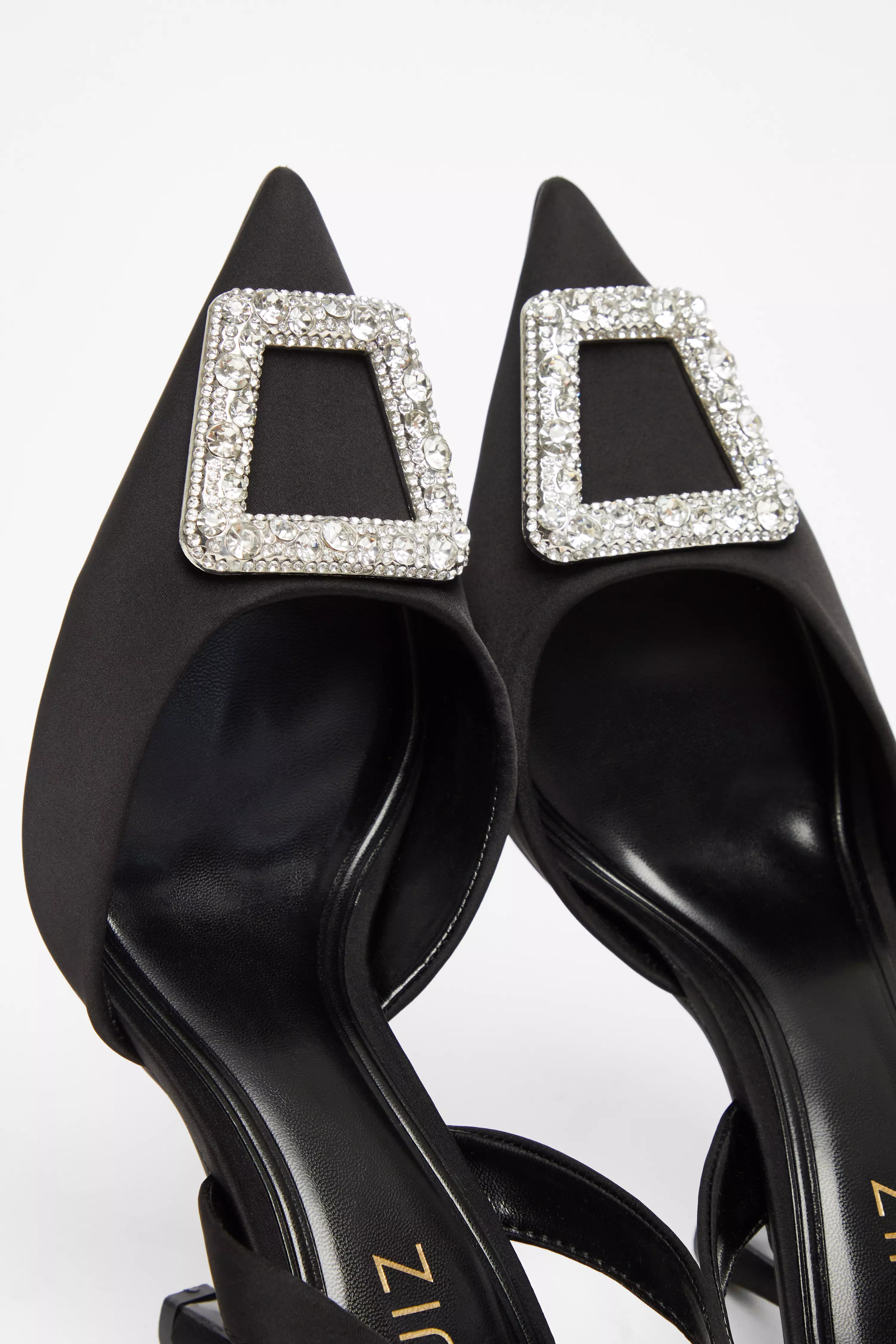 Black Satin Brooch Court Heels