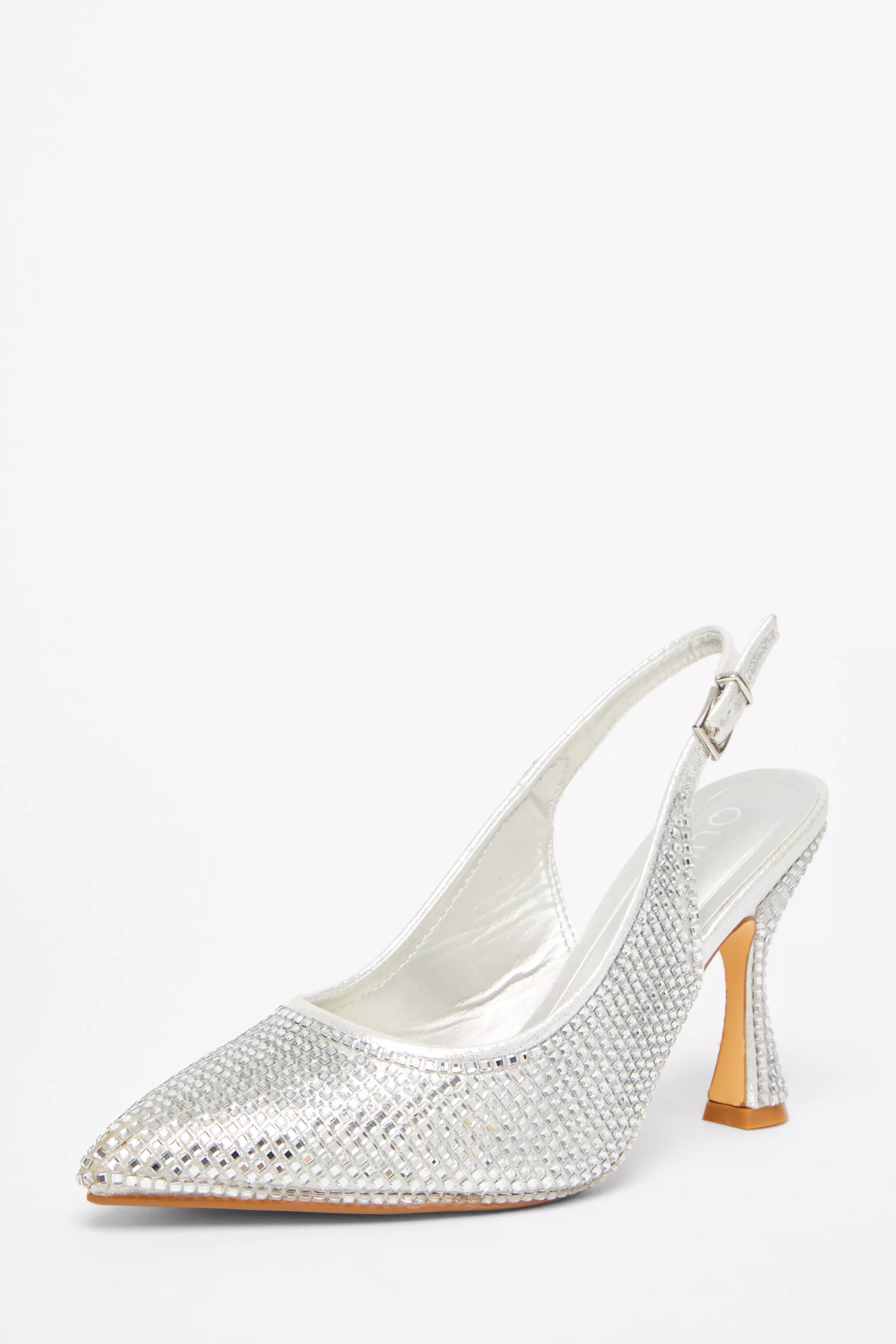 Silver Diamante Sling Back Court Heels
