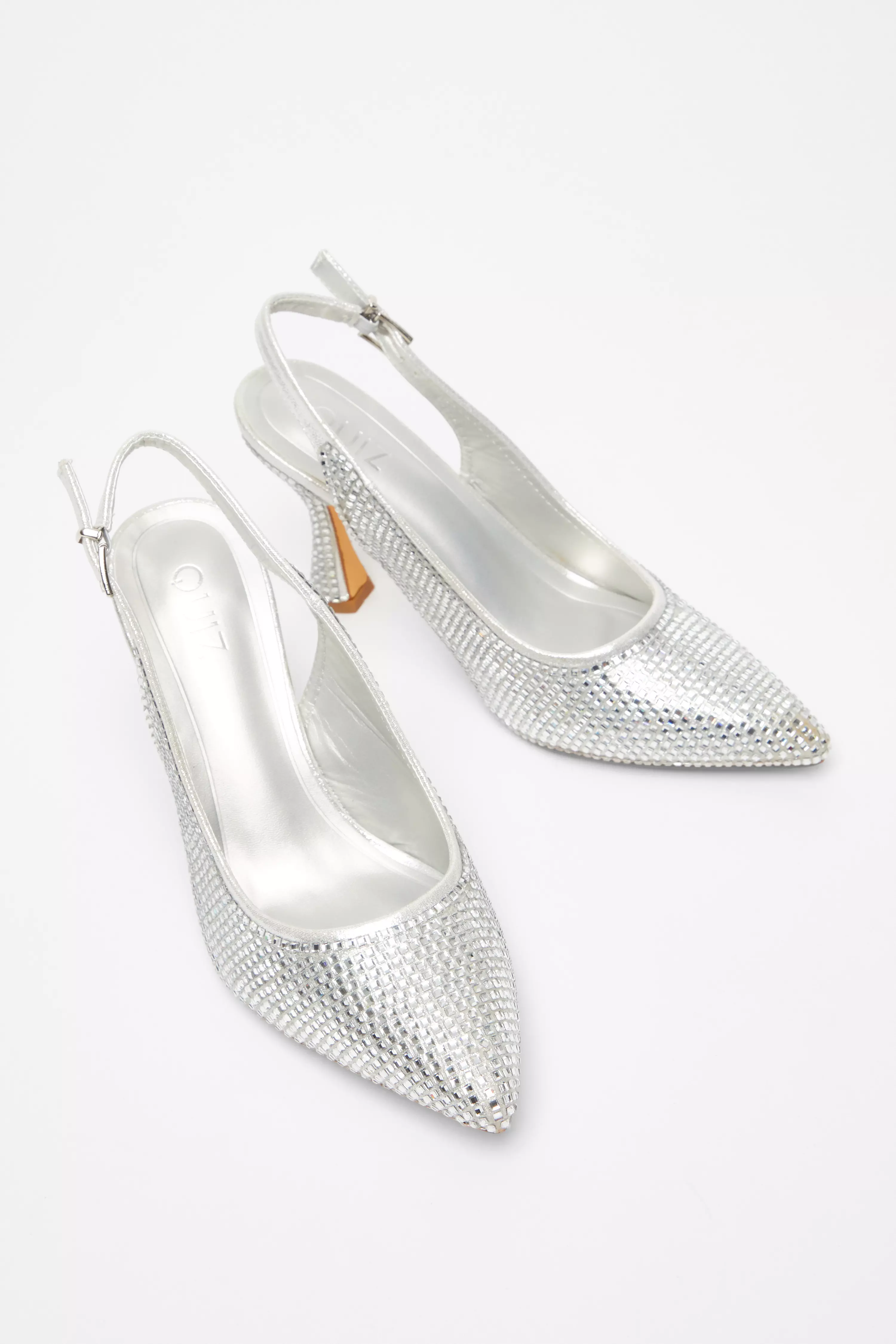 Silver Diamante Sling Back Court Heels
