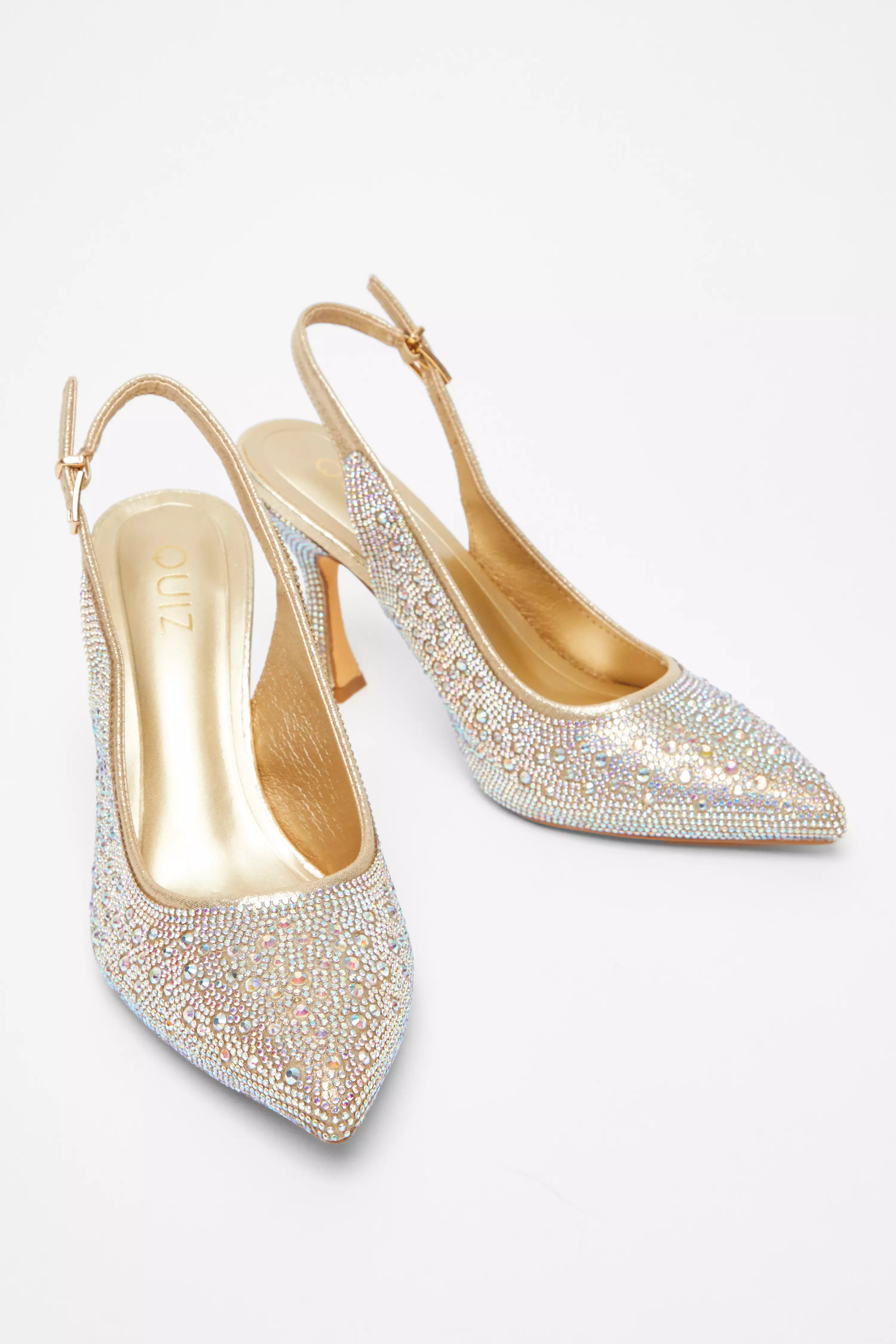 Gold Diamante Sling Back Court Heels
