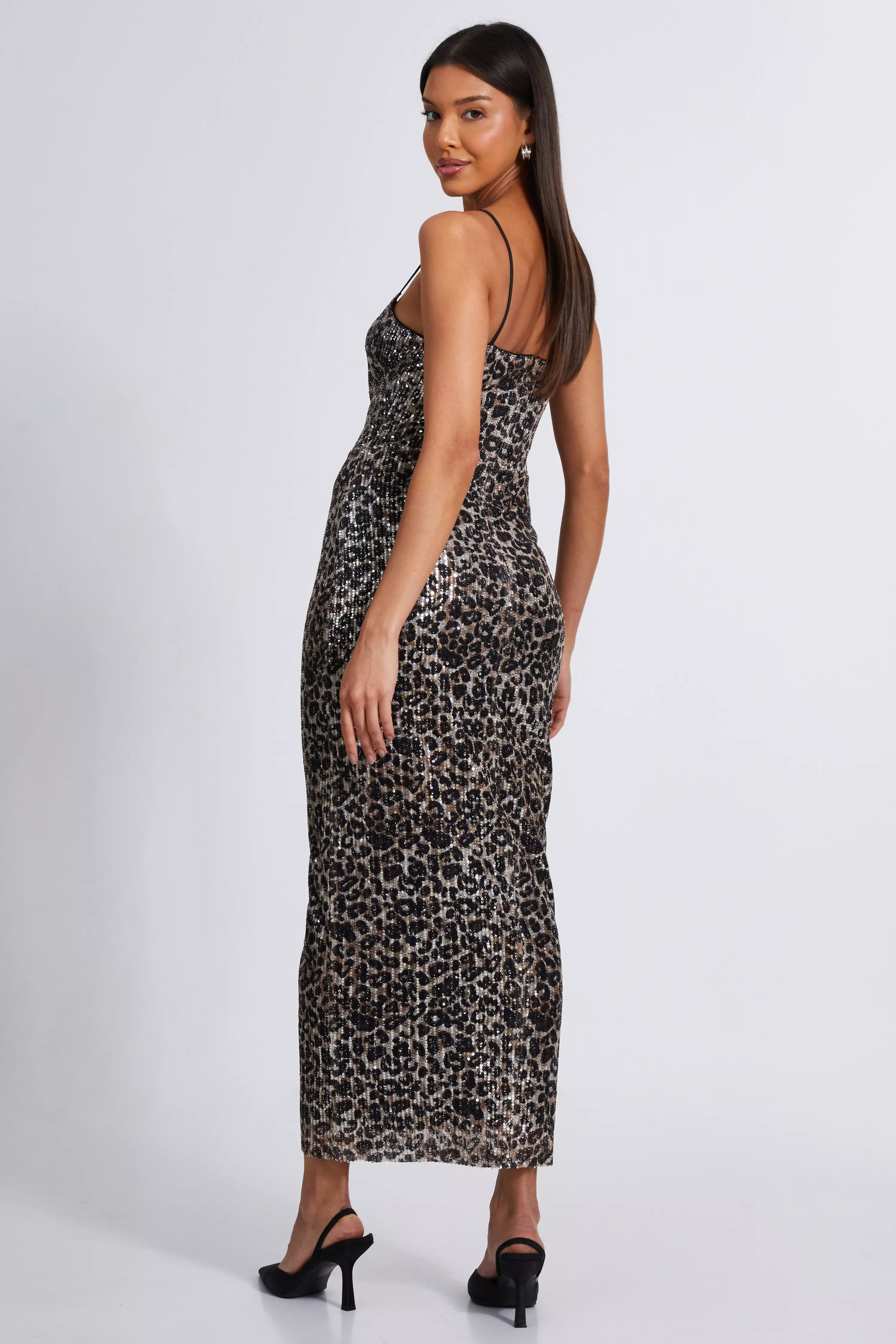 Brown Sequin Leopard Print Midaxi Dress