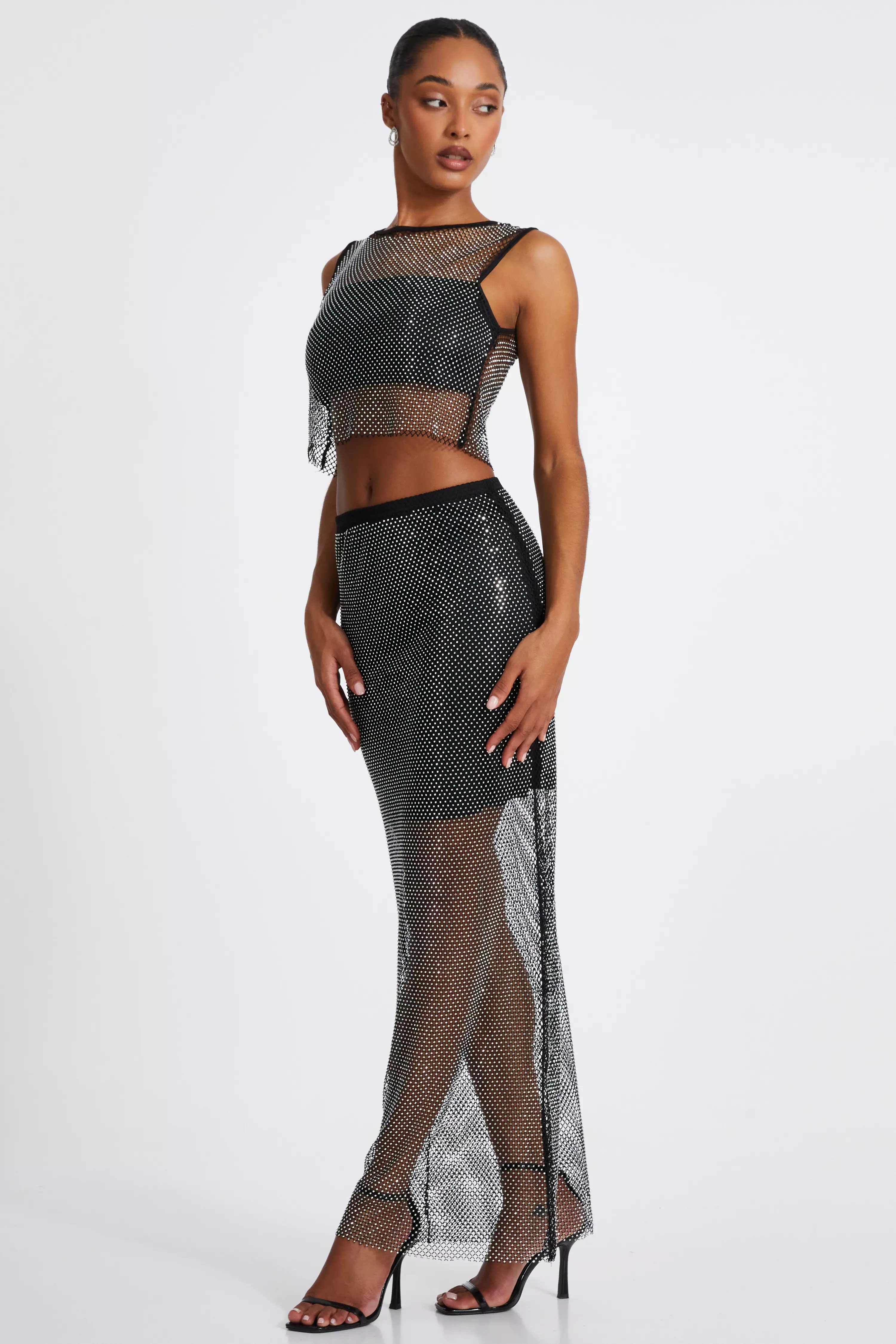 Black Mesh Diamante Crop Top