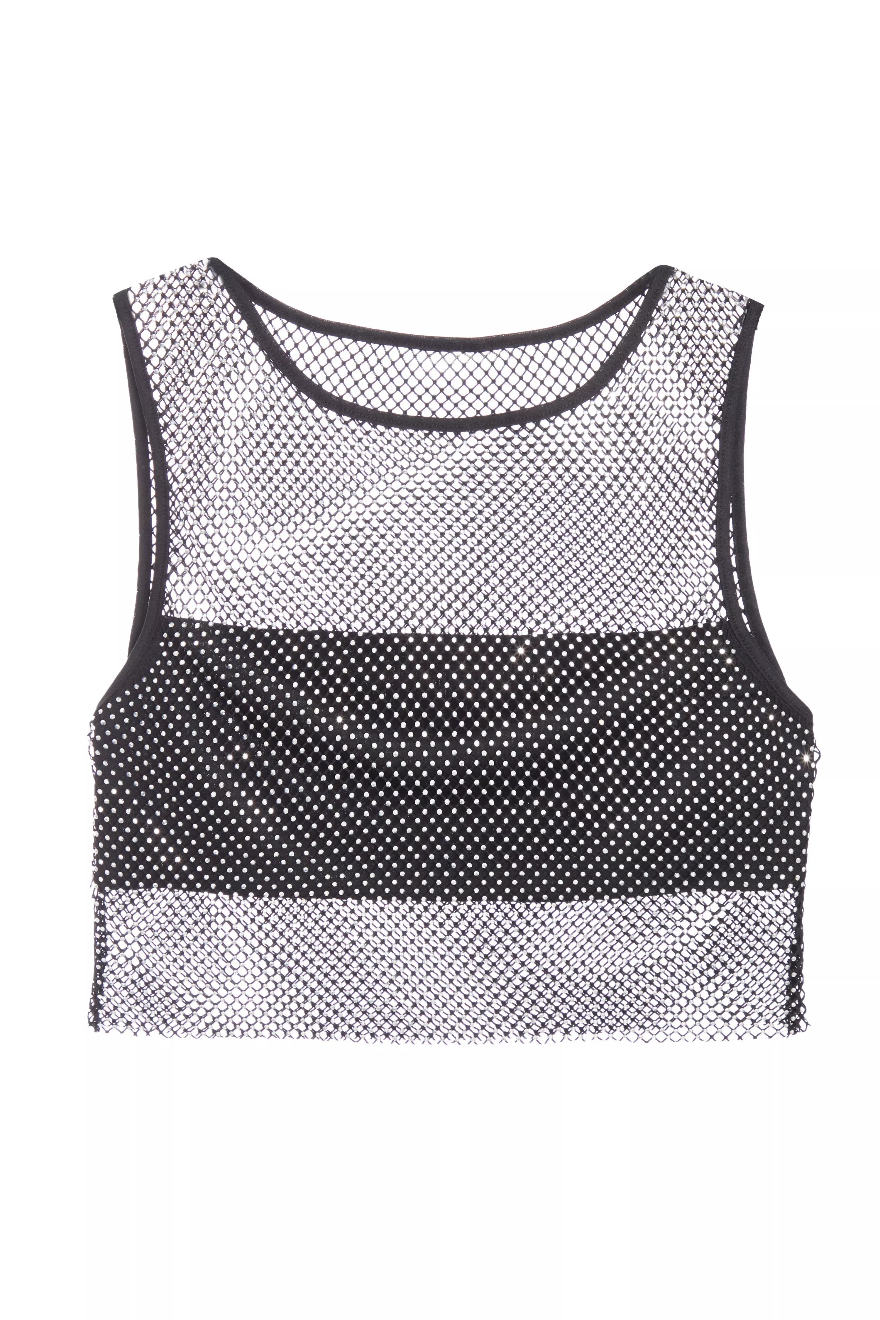 Black Mesh Diamante Crop Top