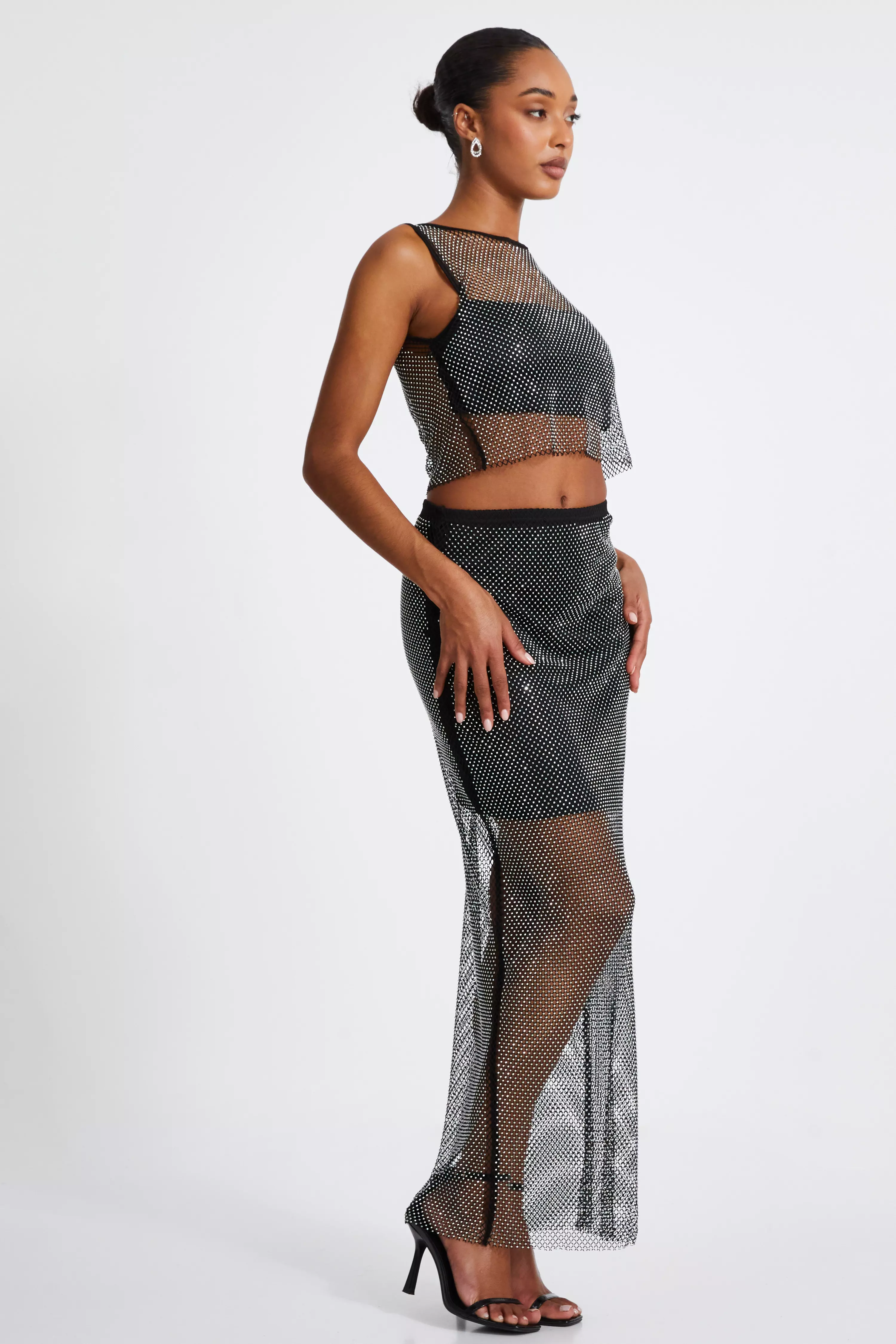 Black Mesh Diamante Midaxi Skirt