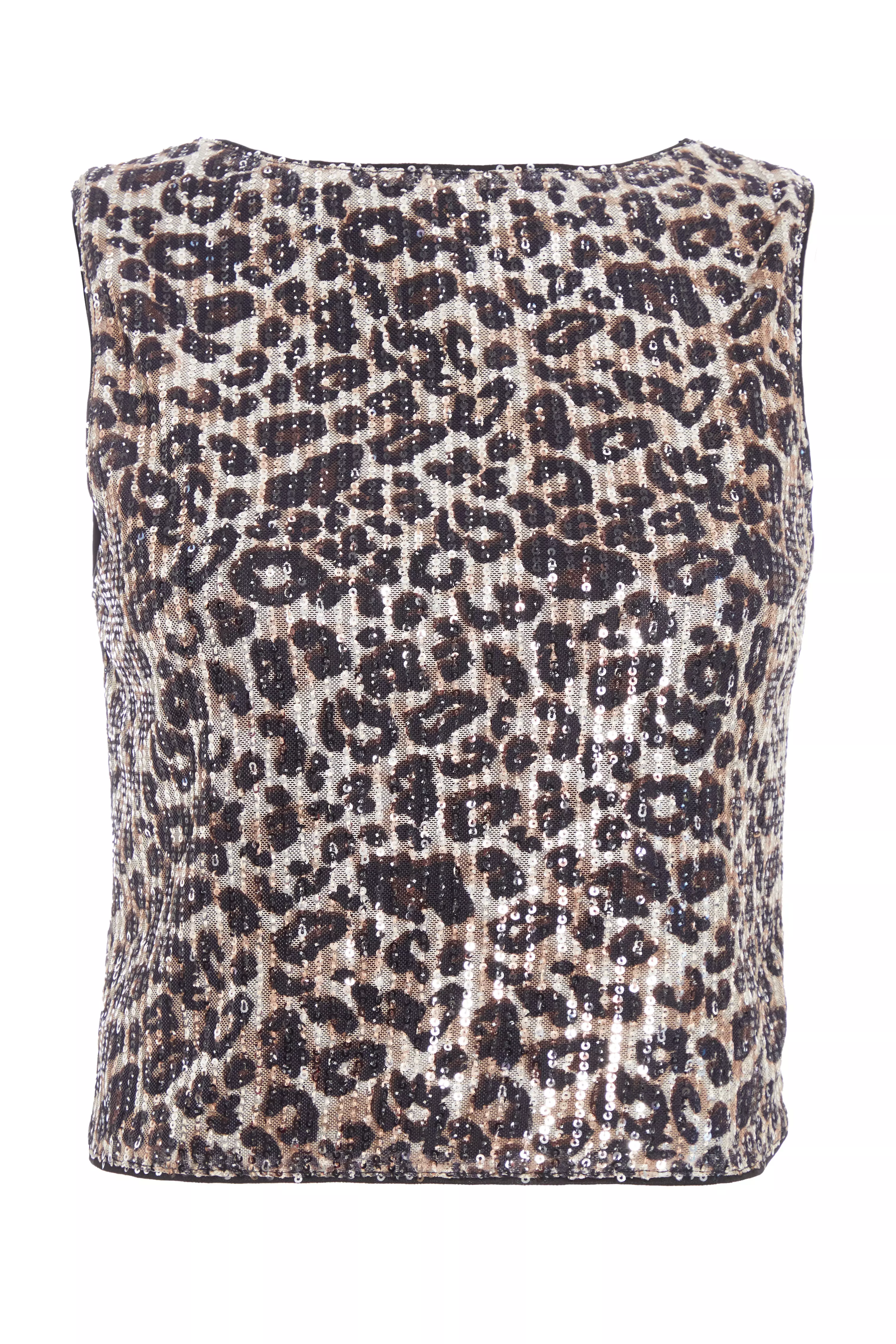 Brown Sequin Leopard Print Crop Top