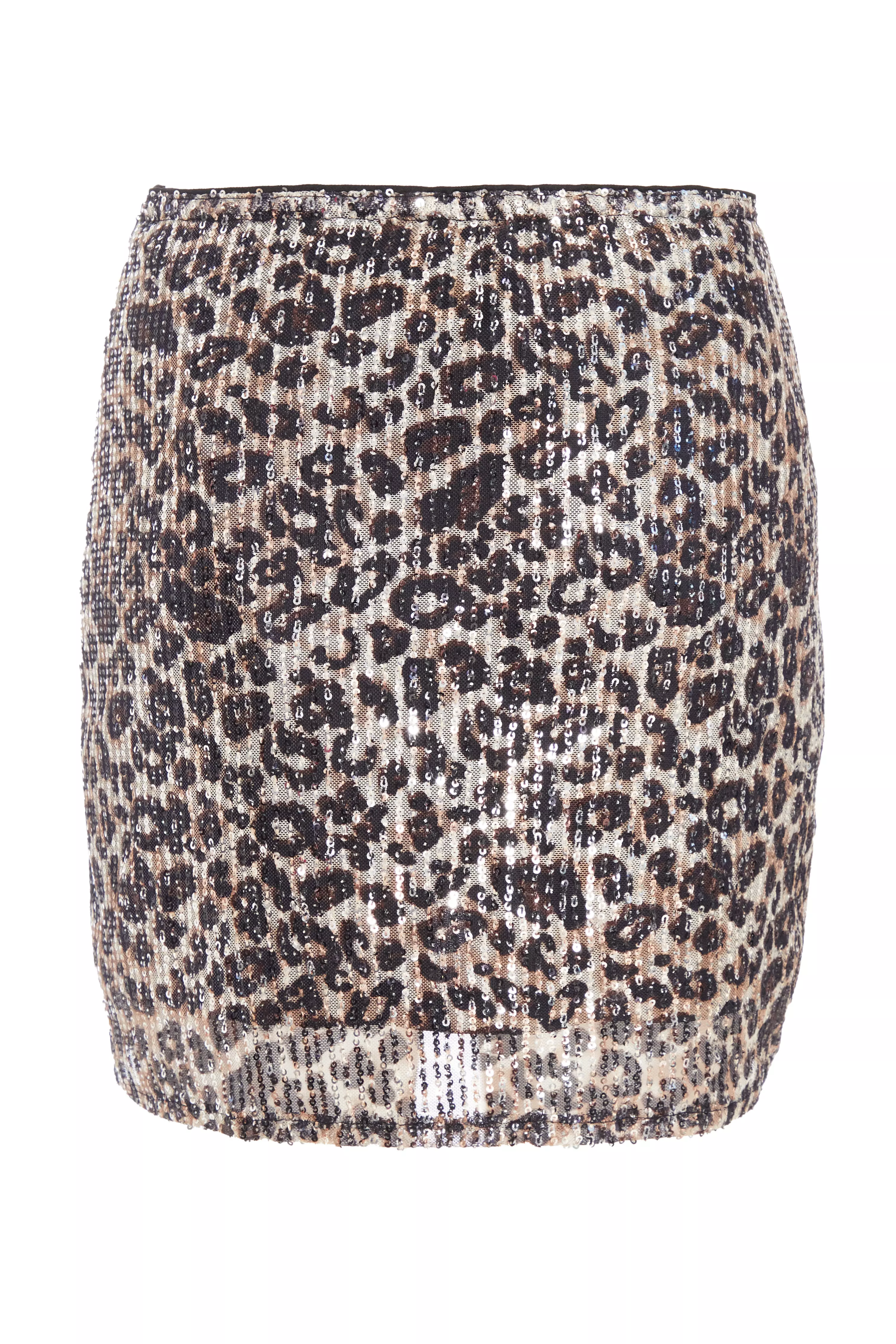 Brown Sequin Leopard Print Mini Skirt