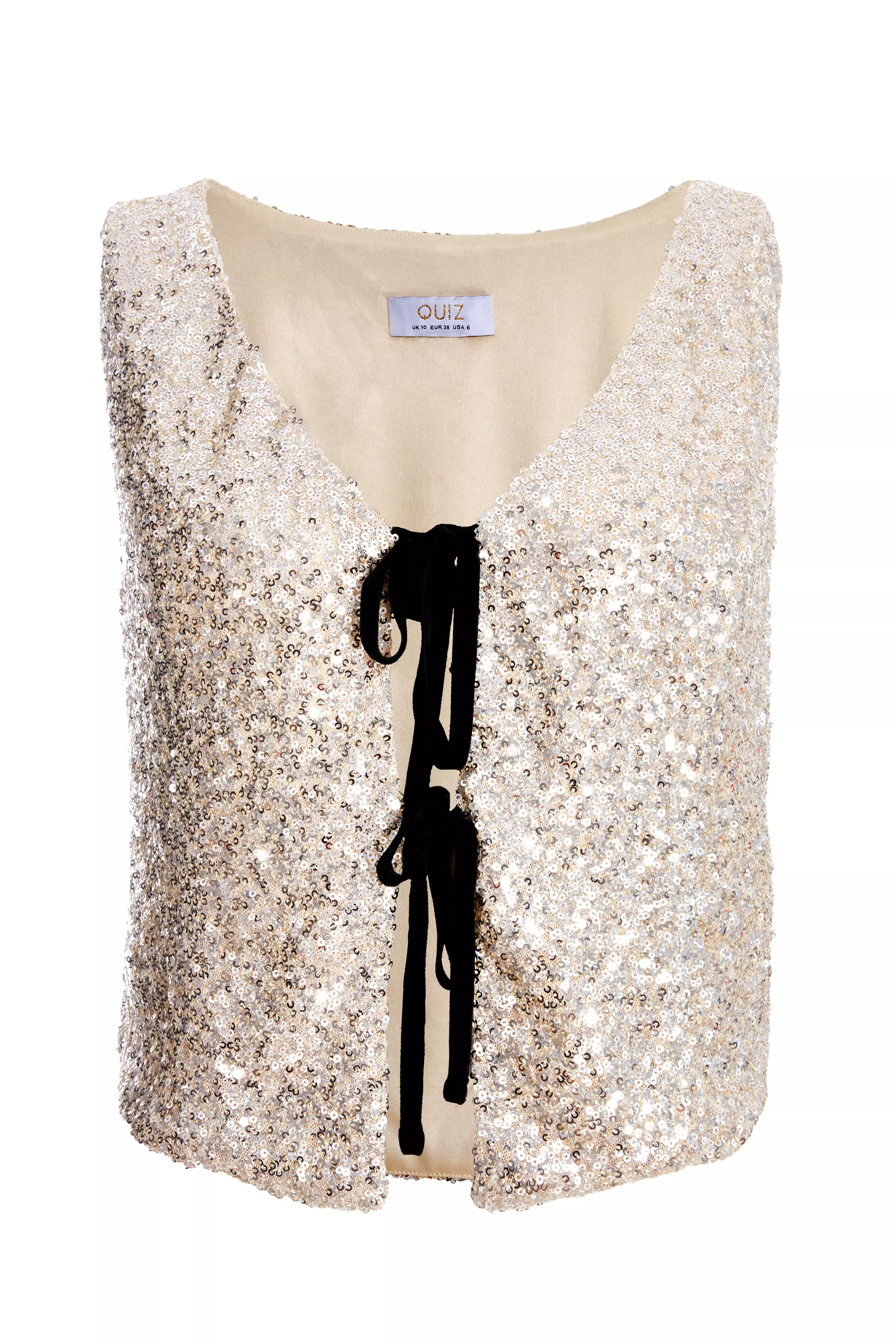 Champagne Sequin Tie Front Waistcoat