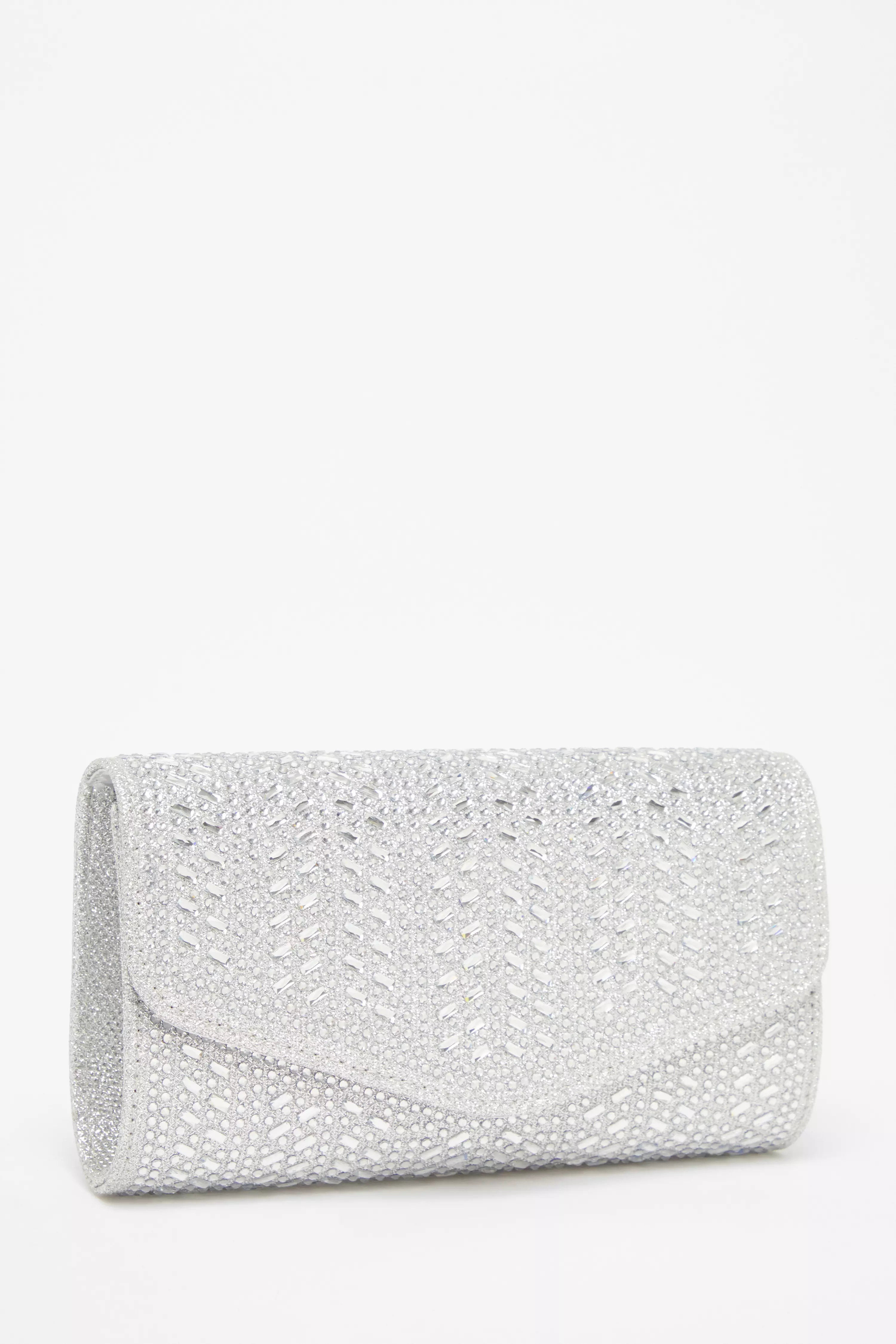 Silver Diamante Envelope Clutch Bag 