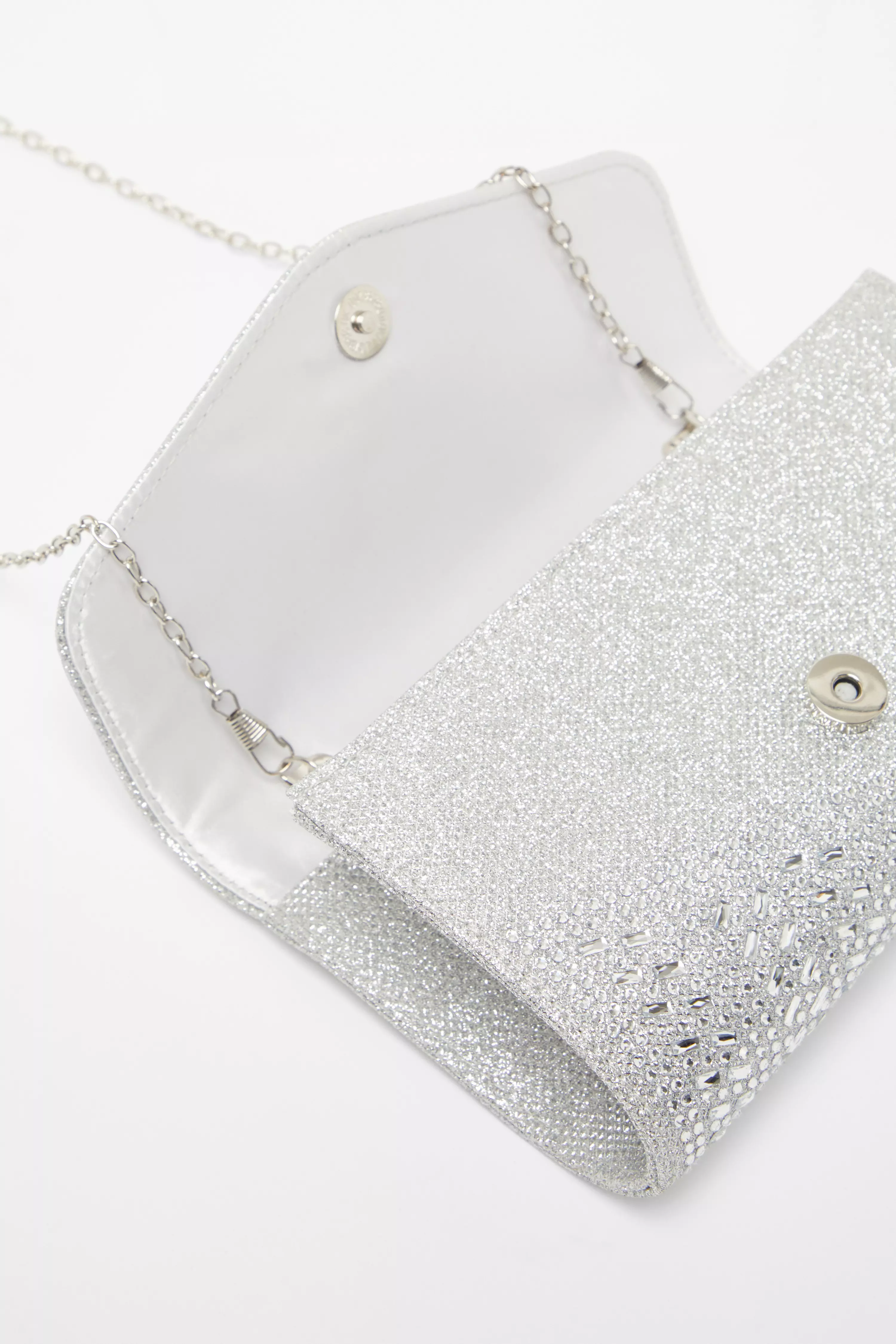 Silver Diamante Envelope Clutch Bag 