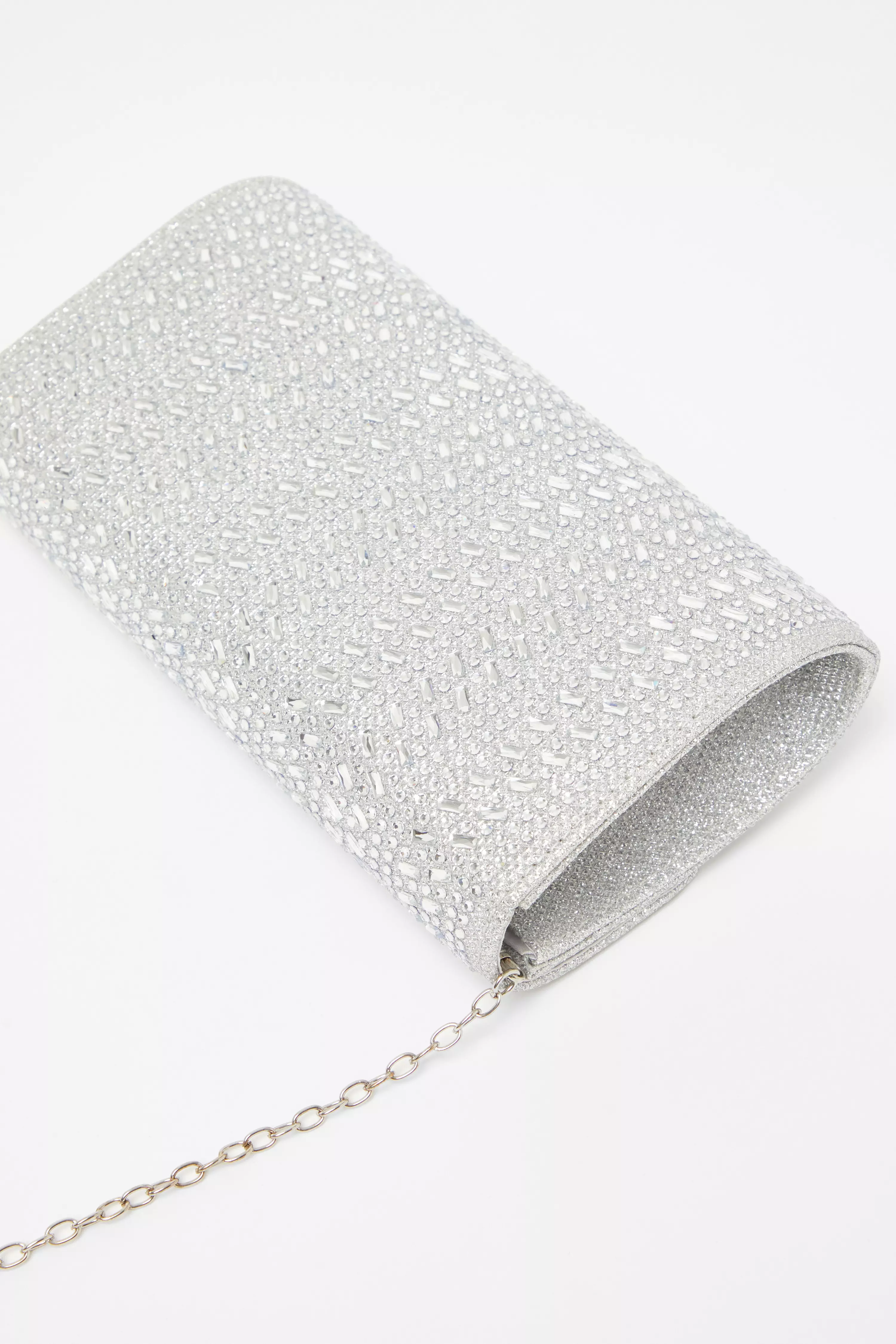 Silver Diamante Envelope Clutch Bag 