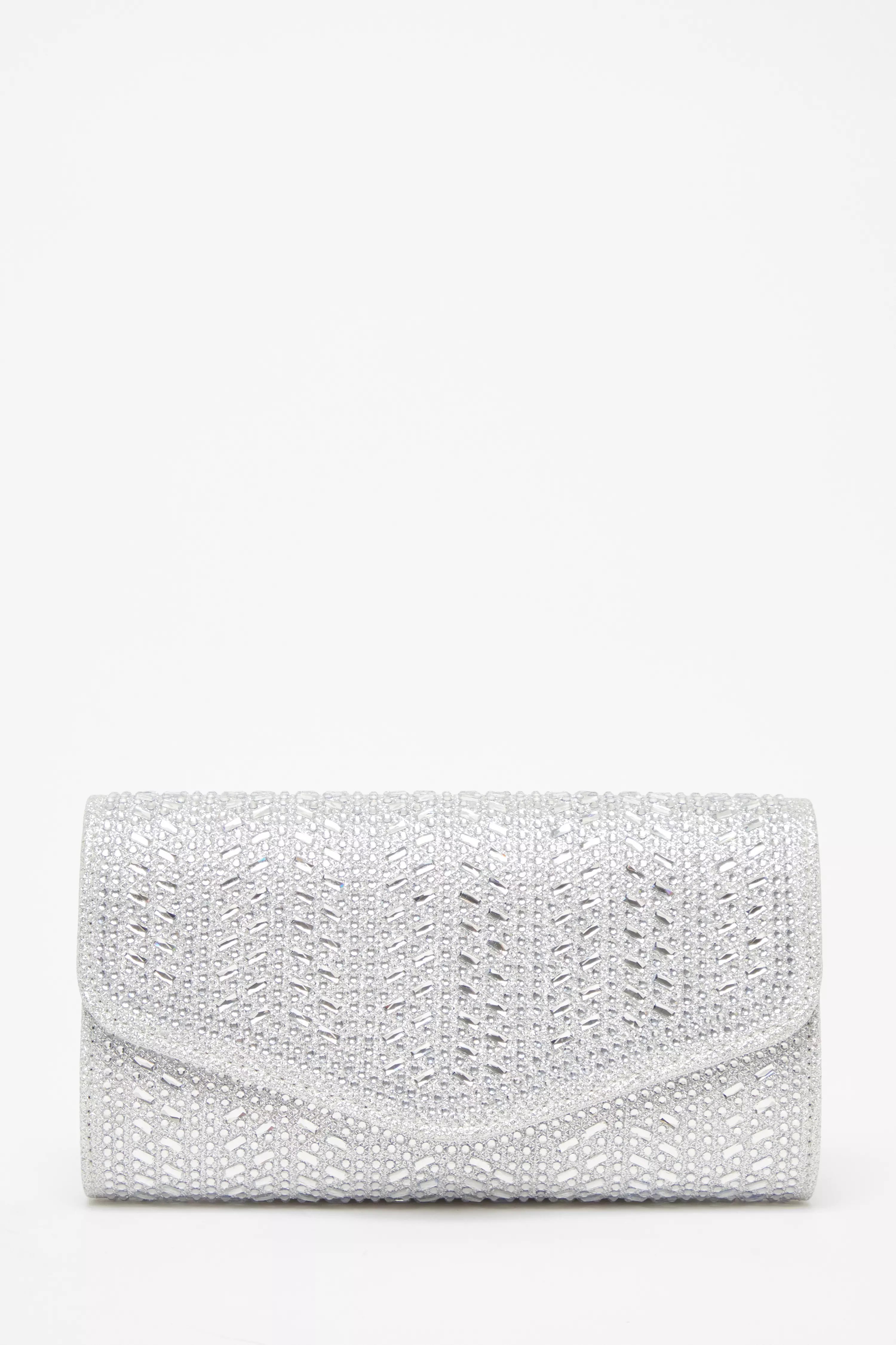 Silver Diamante Envelope Clutch Bag 