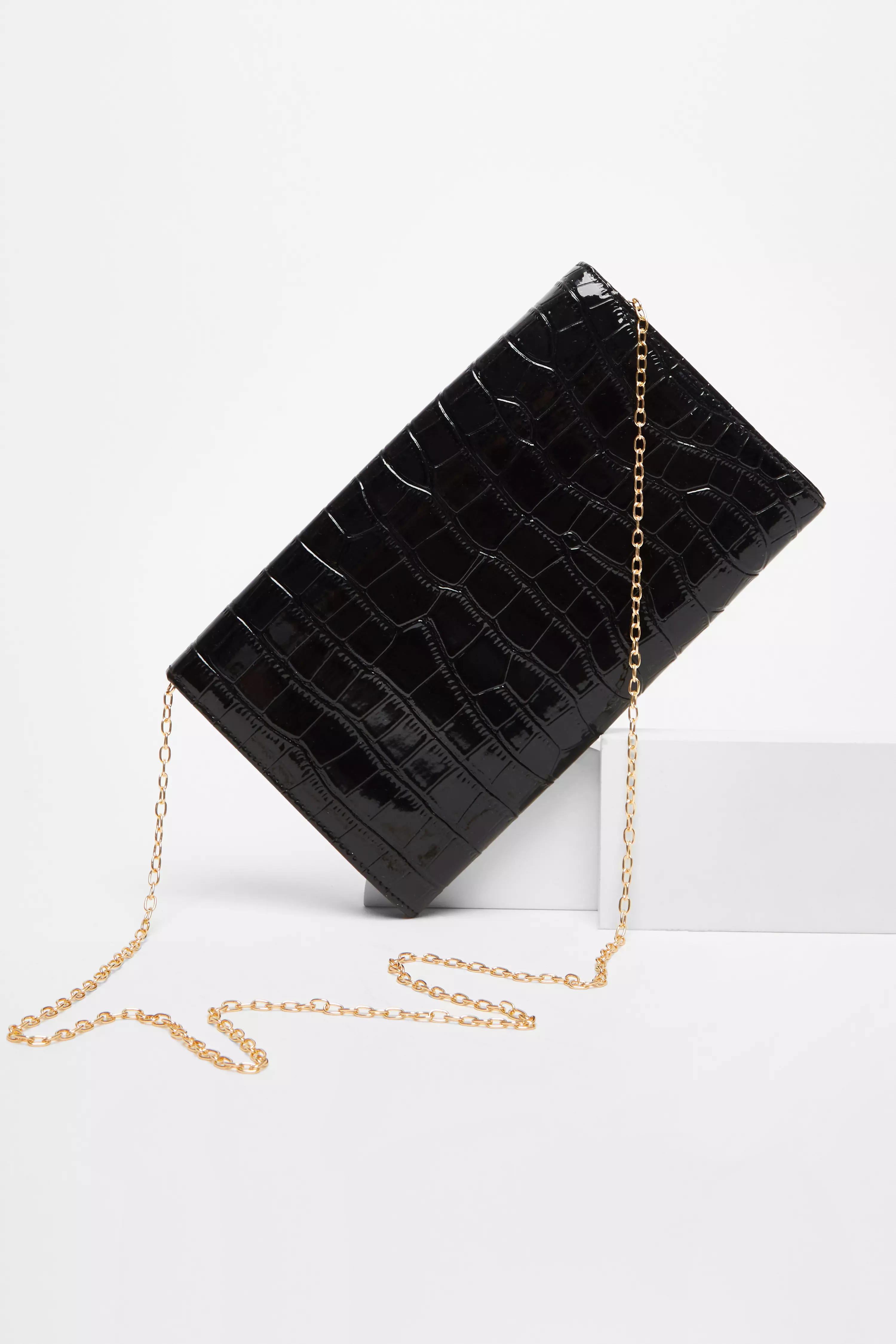 Black Faux Leather Croc Print Bag