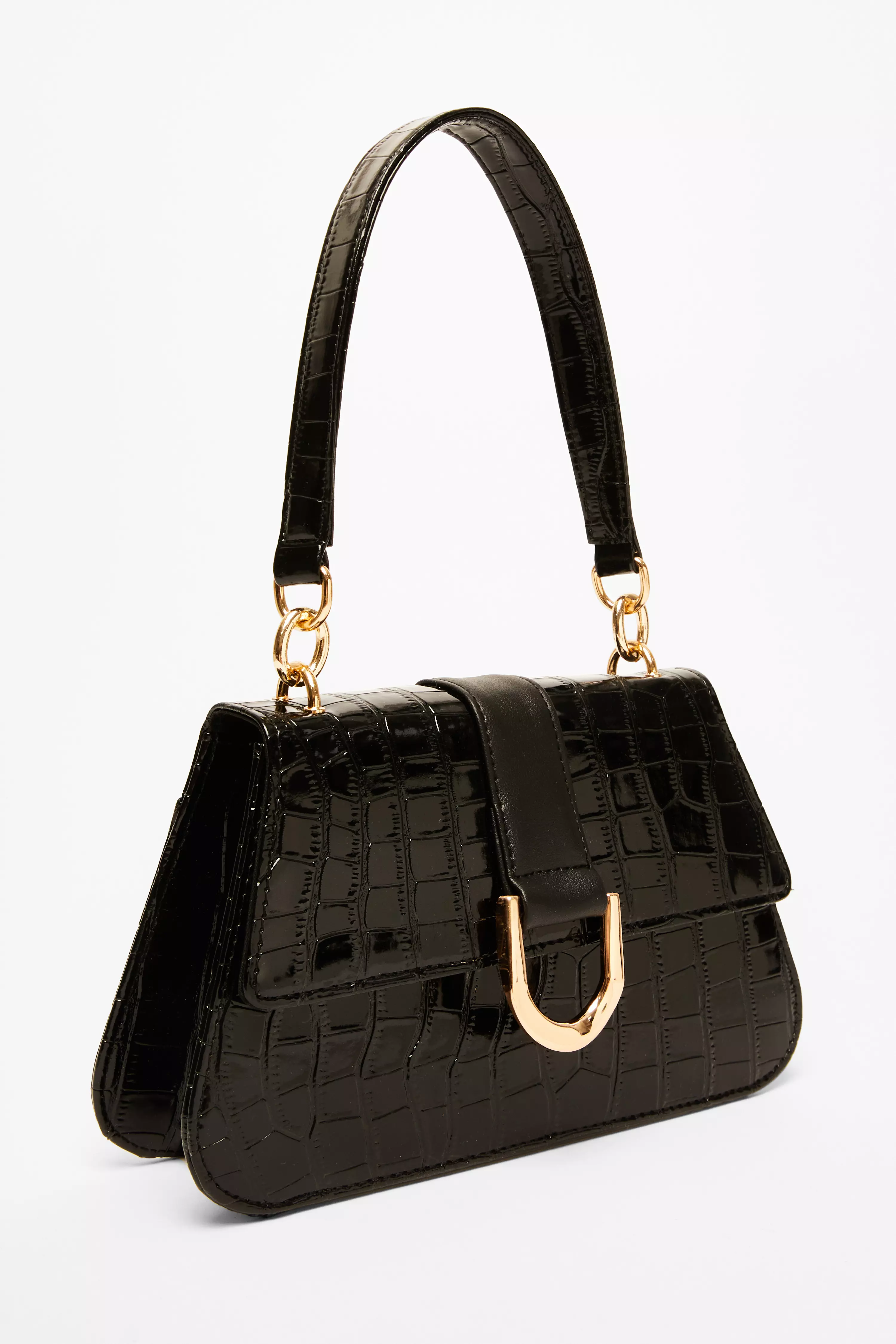 Black Faux Leather Croc Shoulder Bag