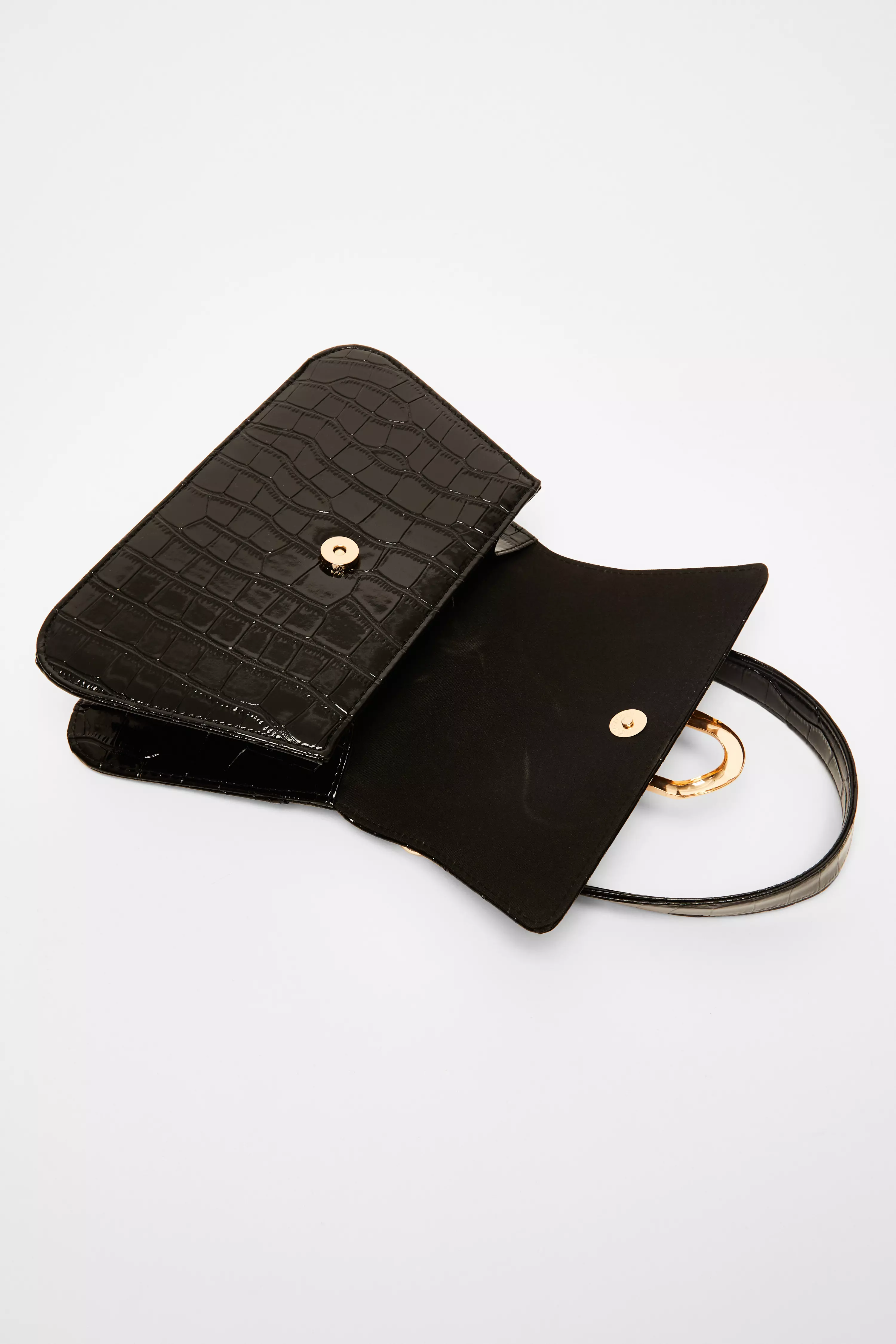 Black Faux Leather Croc Shoulder Bag